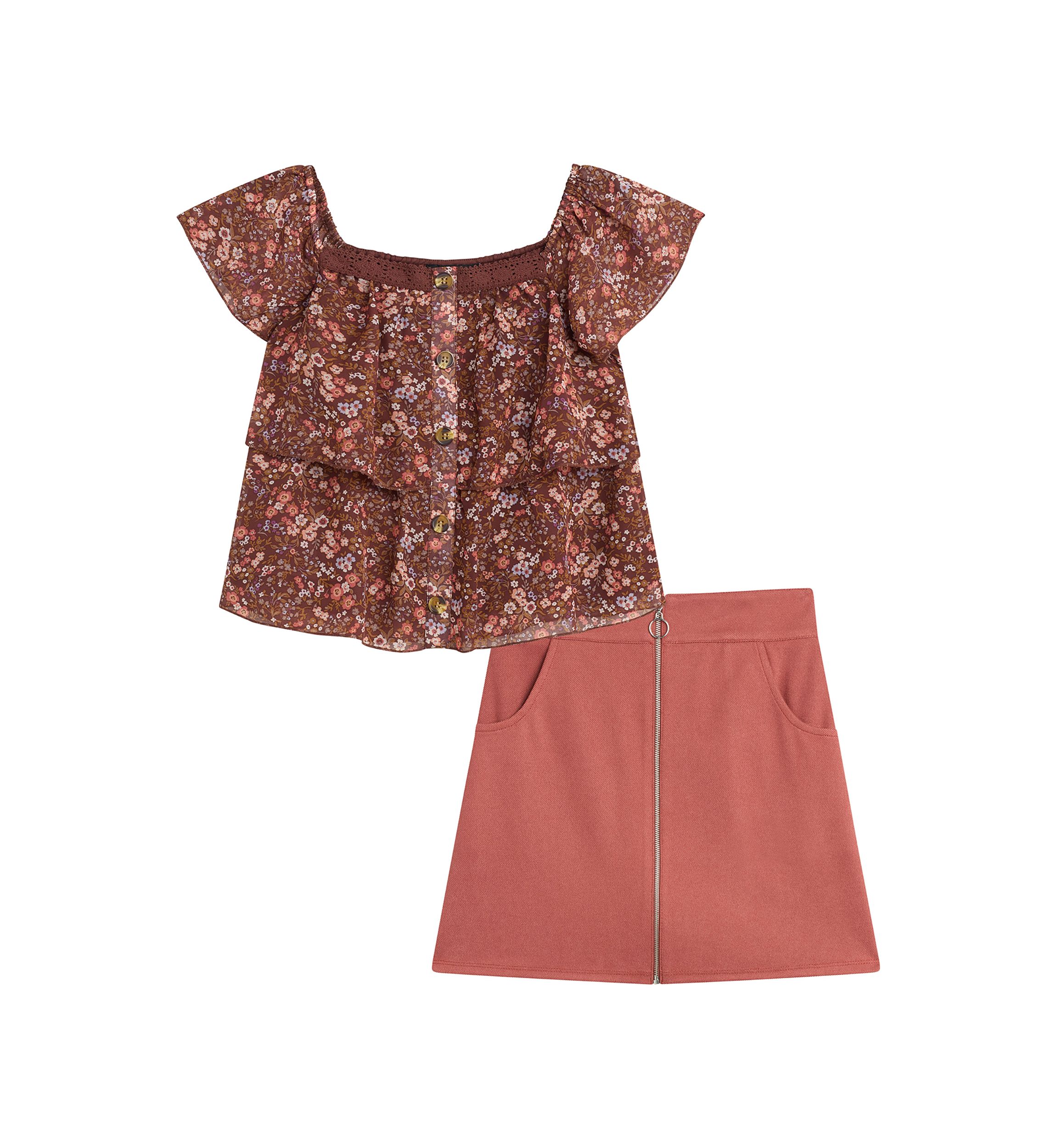 Girls 7-16 Floral Printed Top and Skirt Set