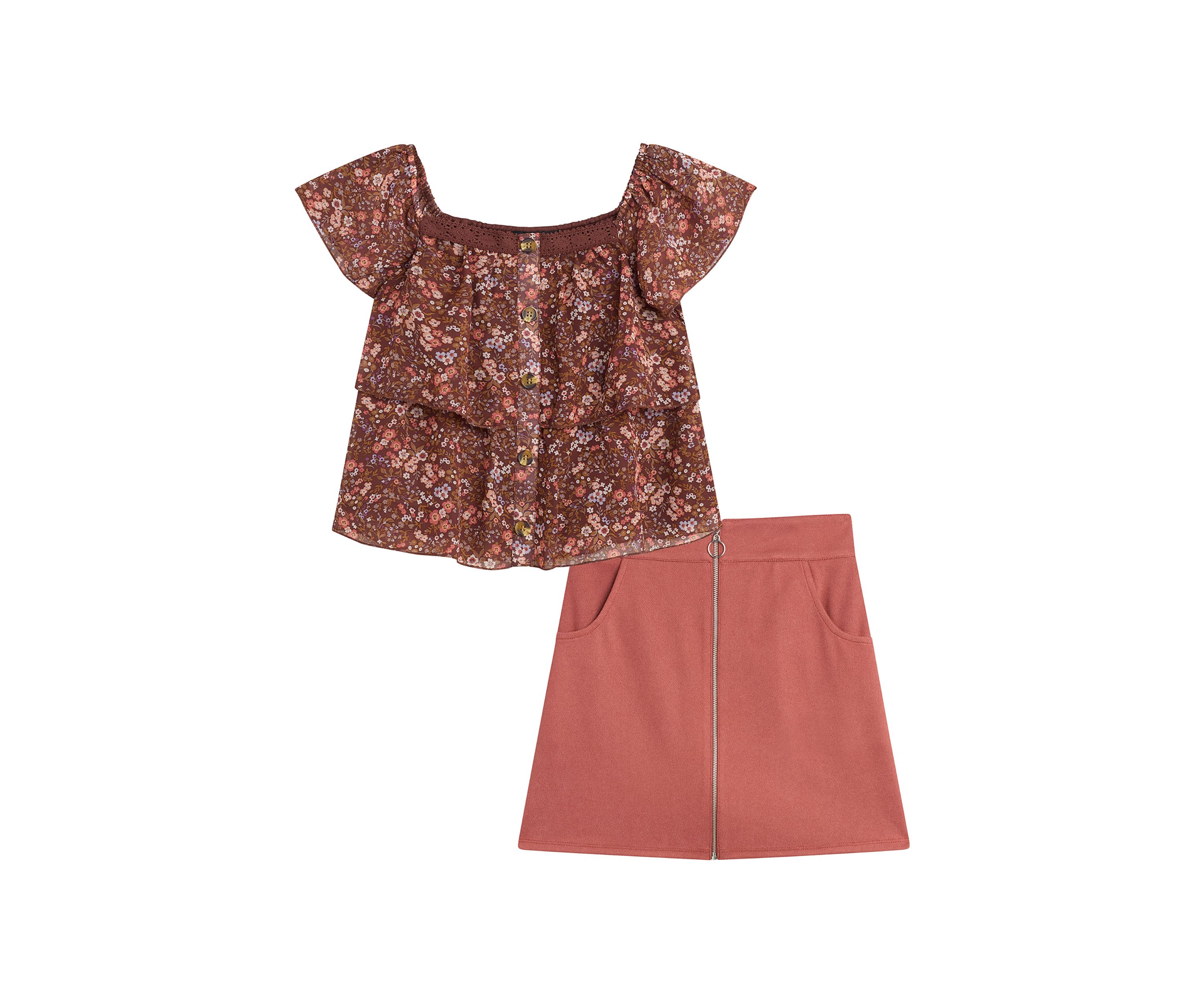 Girls 7-16 Floral Printed Top and Skirt Set