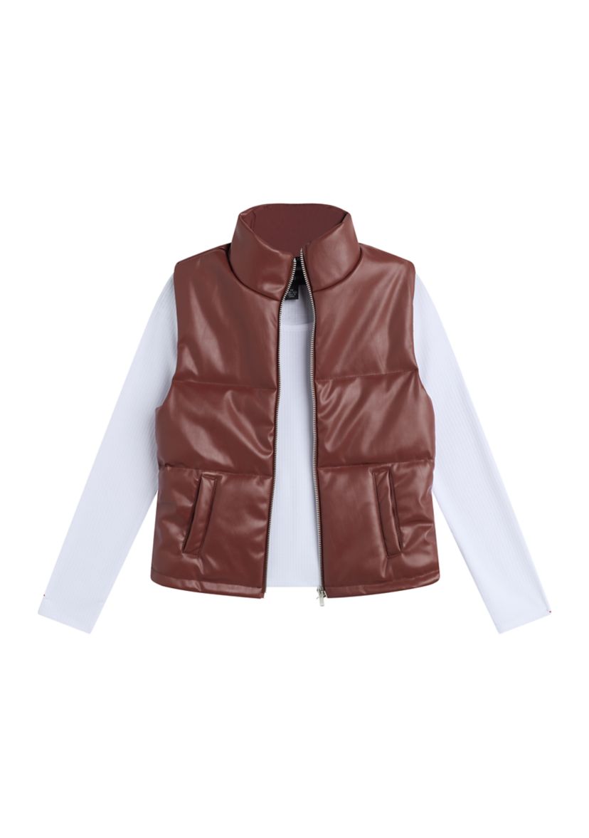 Girls 7-16 2 Piece Quilted Faux Leather Puffer Vest Set