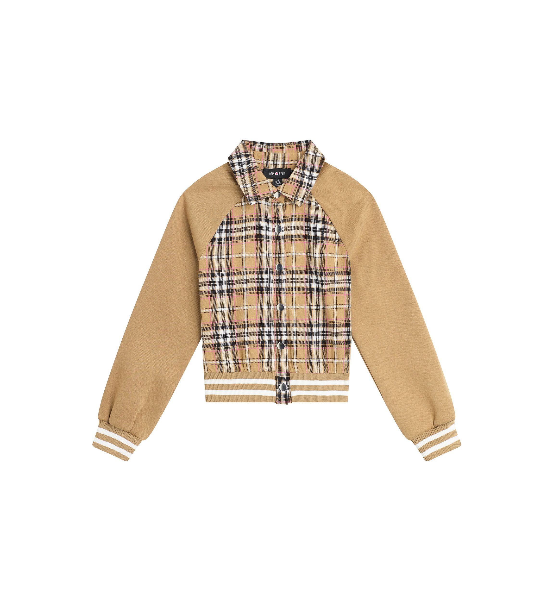 Girls 7-16 Plaid Printed Solid Sleeve Bomber Jacket
