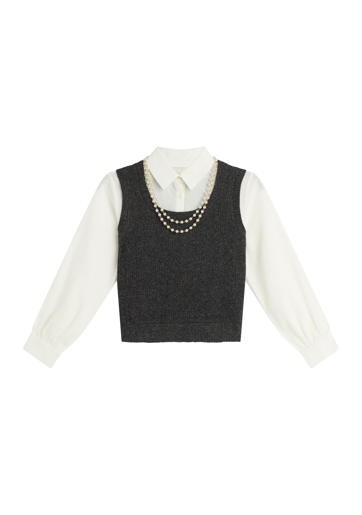 Girls 7-16 Woven Top and Vest Set with Pearl Necklace