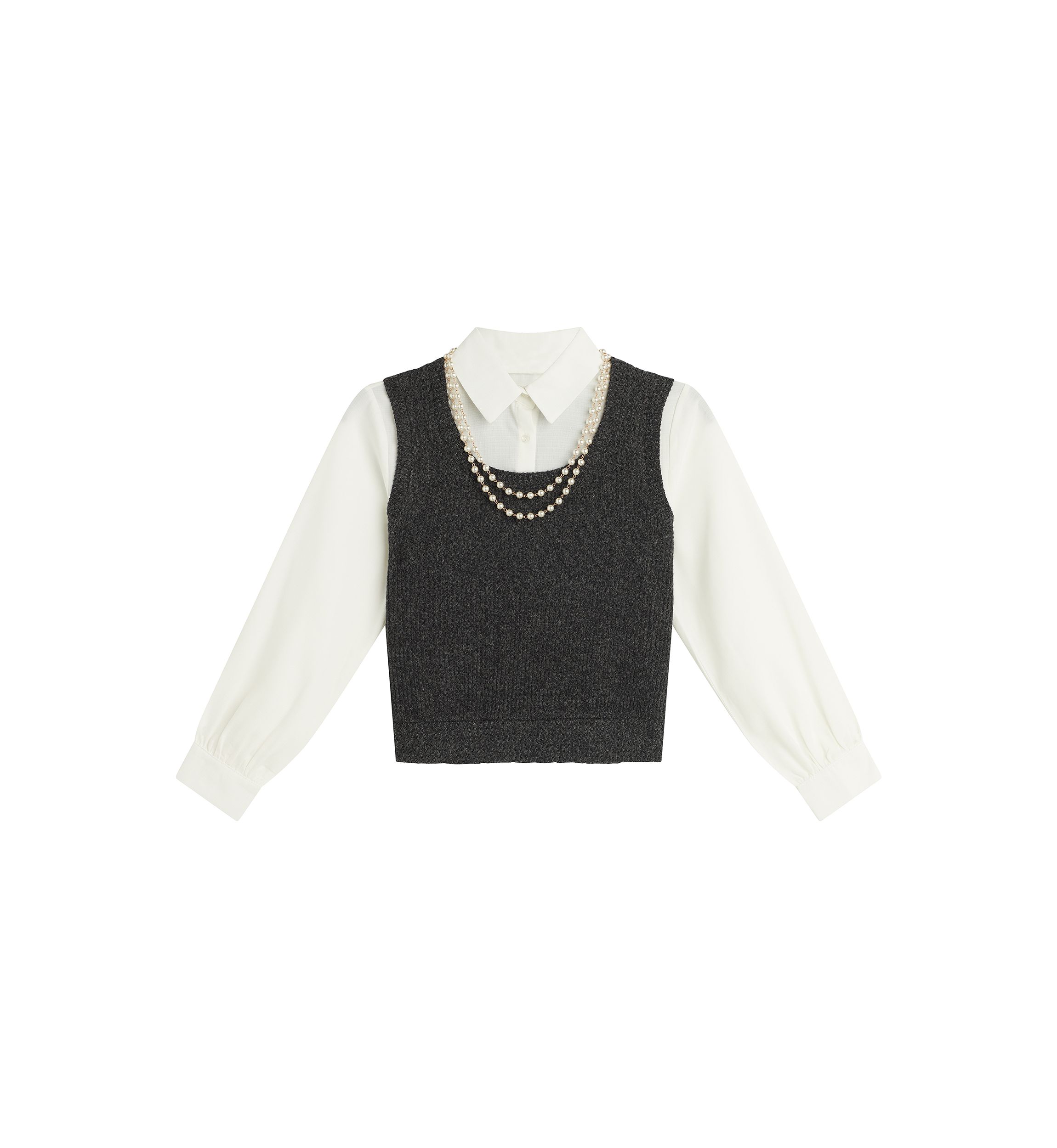 Girls 7-16 Woven Top and Vest Set with Pearl Necklace