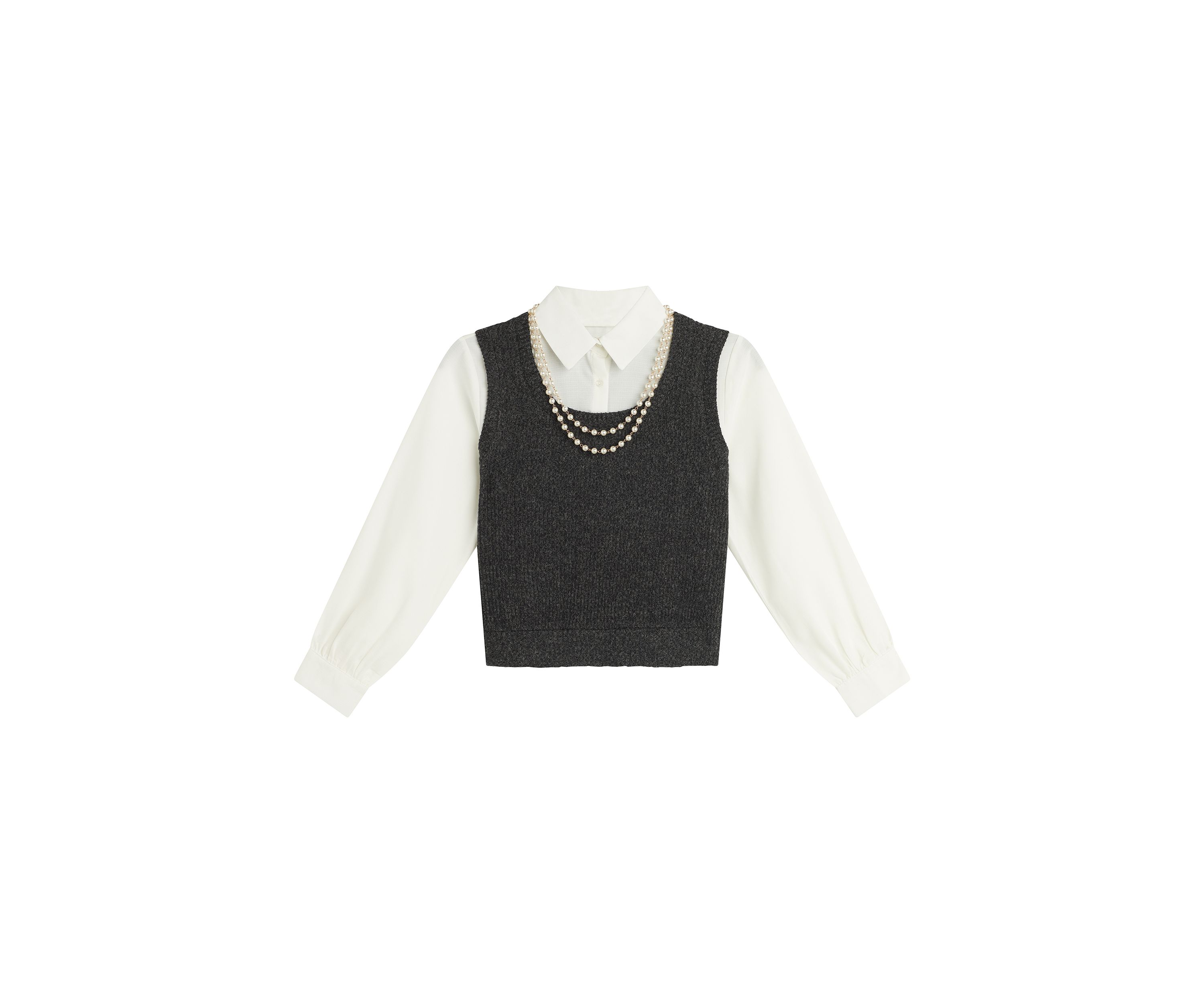 Girls 7-16 Woven Top and Vest Set with Pearl Necklace