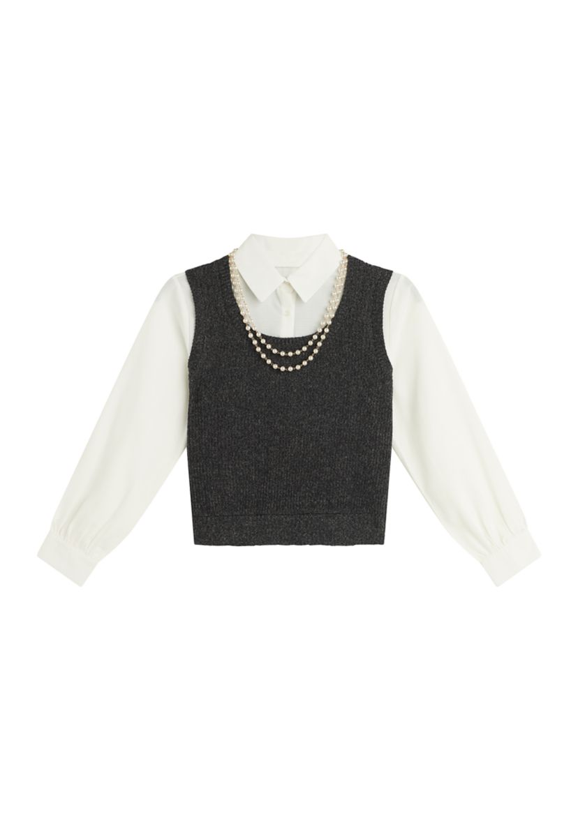 Girls 7-16 Woven Top and Vest Set with Pearl Necklace