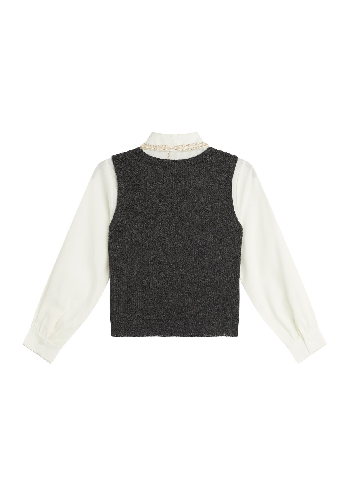 Girls 7-16 Woven Top and Vest Set with Pearl Necklace