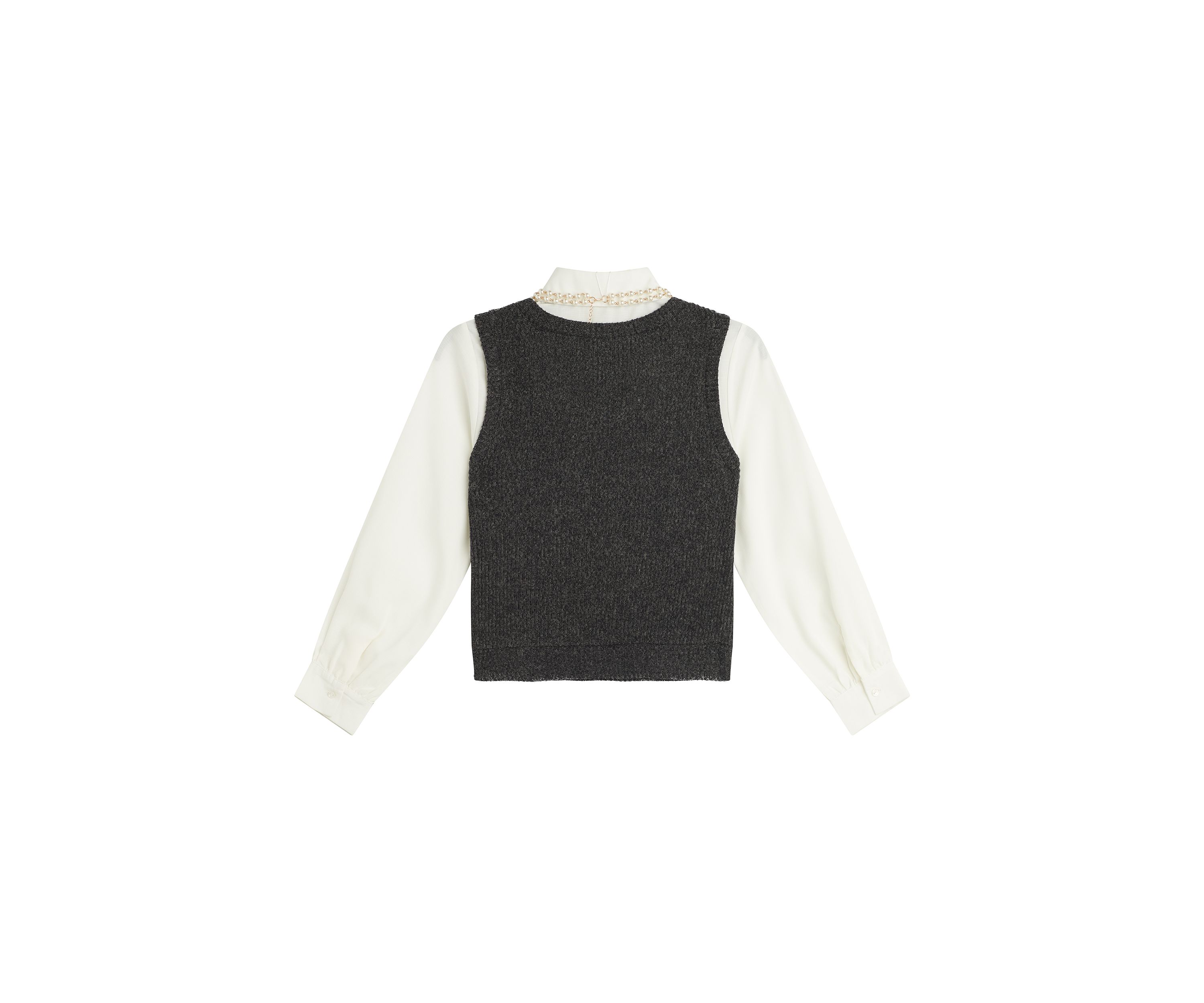 Girls 7-16 Woven Top and Vest Set with Pearl Necklace