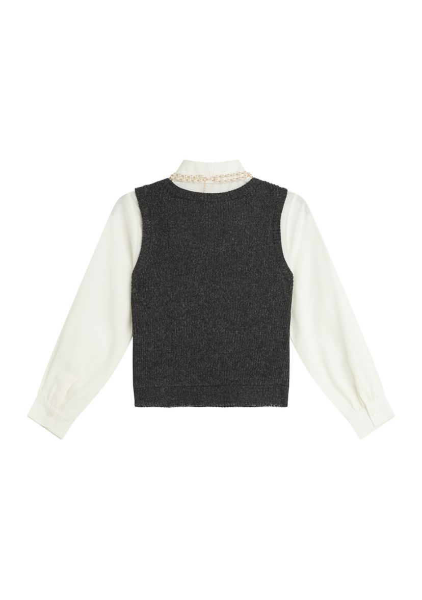 Girls 7-16 Woven Top and Vest Set with Pearl Necklace