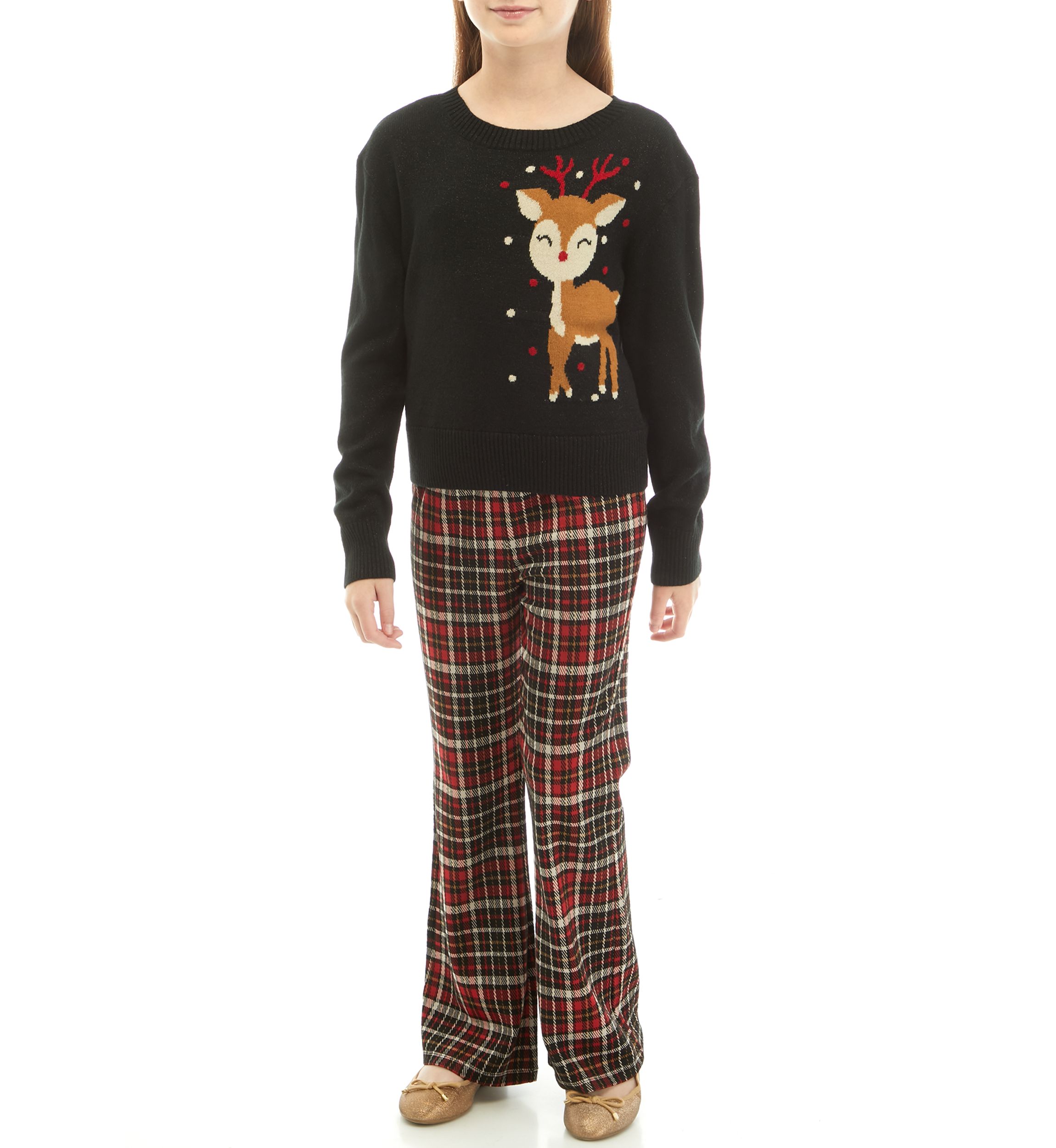 Girls 7-16 Holiday Pant Set with Reindeer