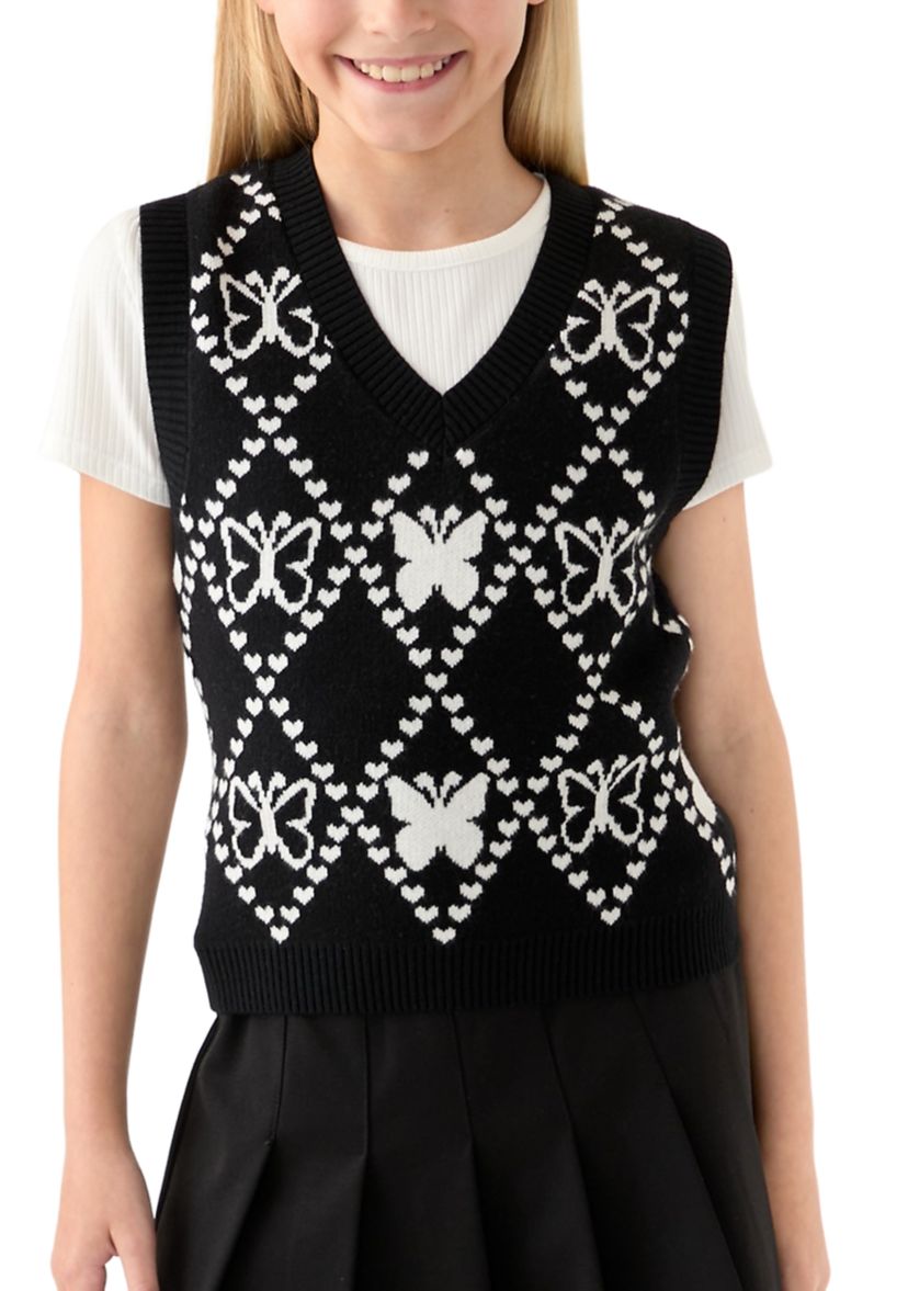 Girls 7-16 Short Sleeve Top and Printed Vest Set 