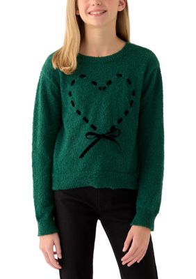 Girls 7-16 Emerald Stitched Heart Sweater