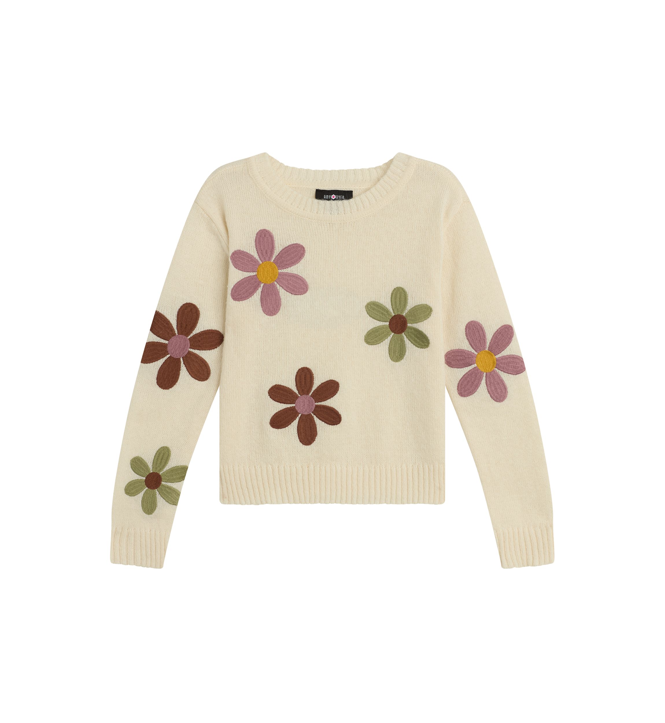 Girls 7-16 Pullover Floral Embroidered Sweater