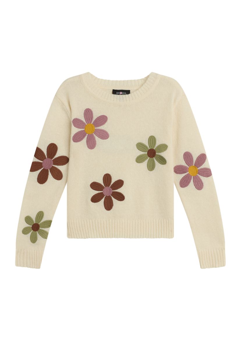 Girls 7-16 Pullover Floral Embroidered Sweater