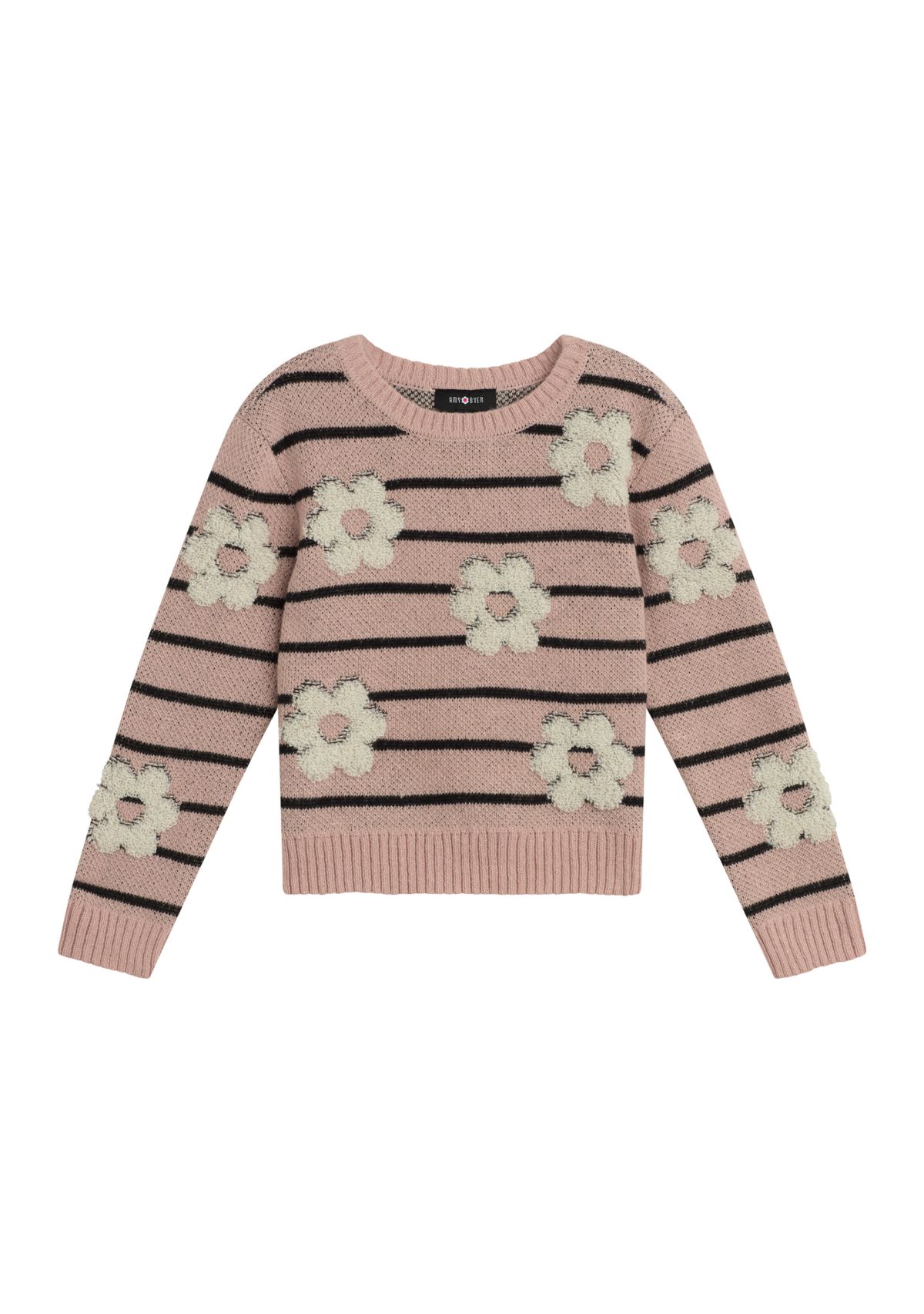 Girls 7-16 Long Sleeve Striped Sweater with Flower Accents