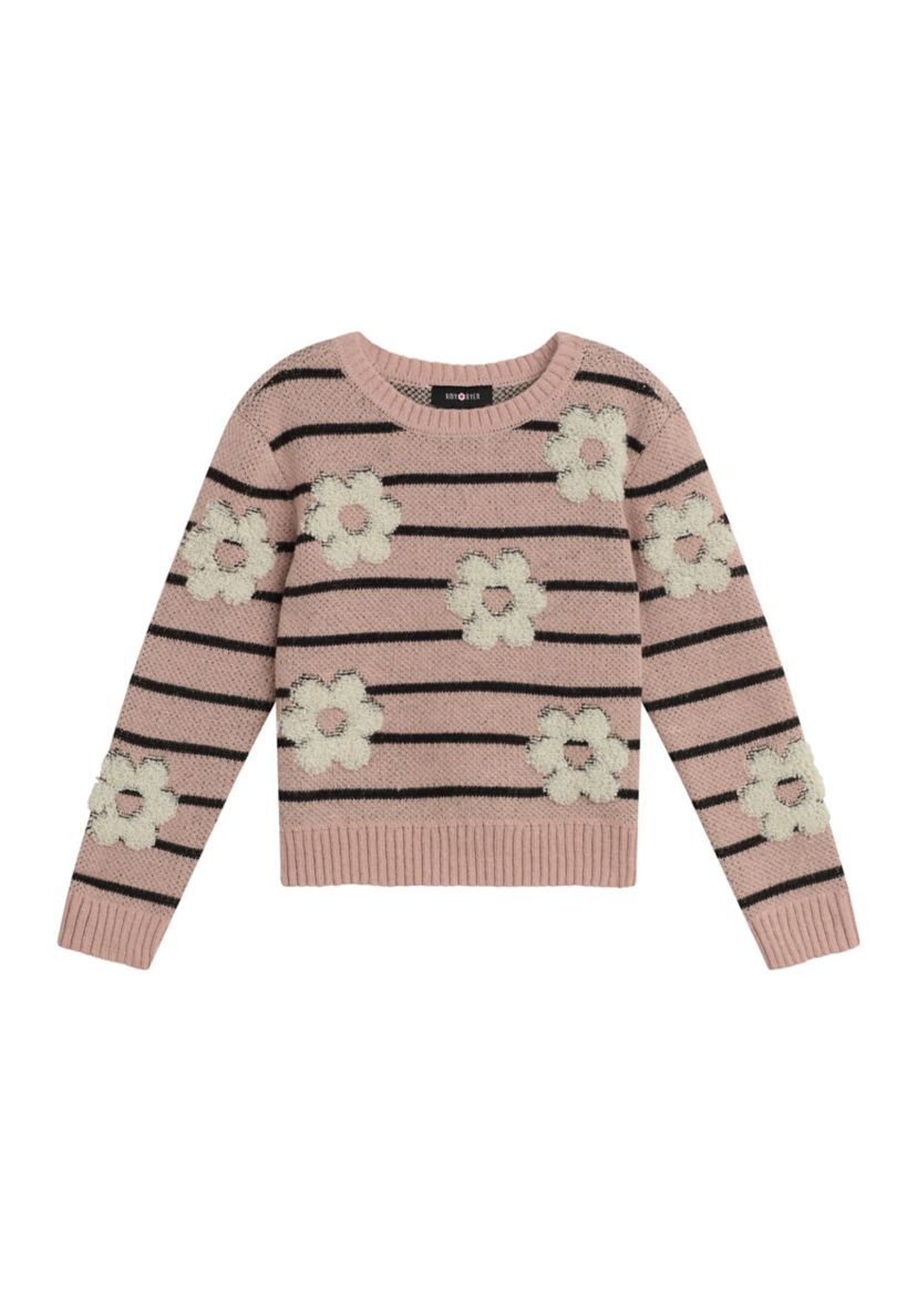 Girls 7-16 Long Sleeve Striped Sweater with Flower Accents