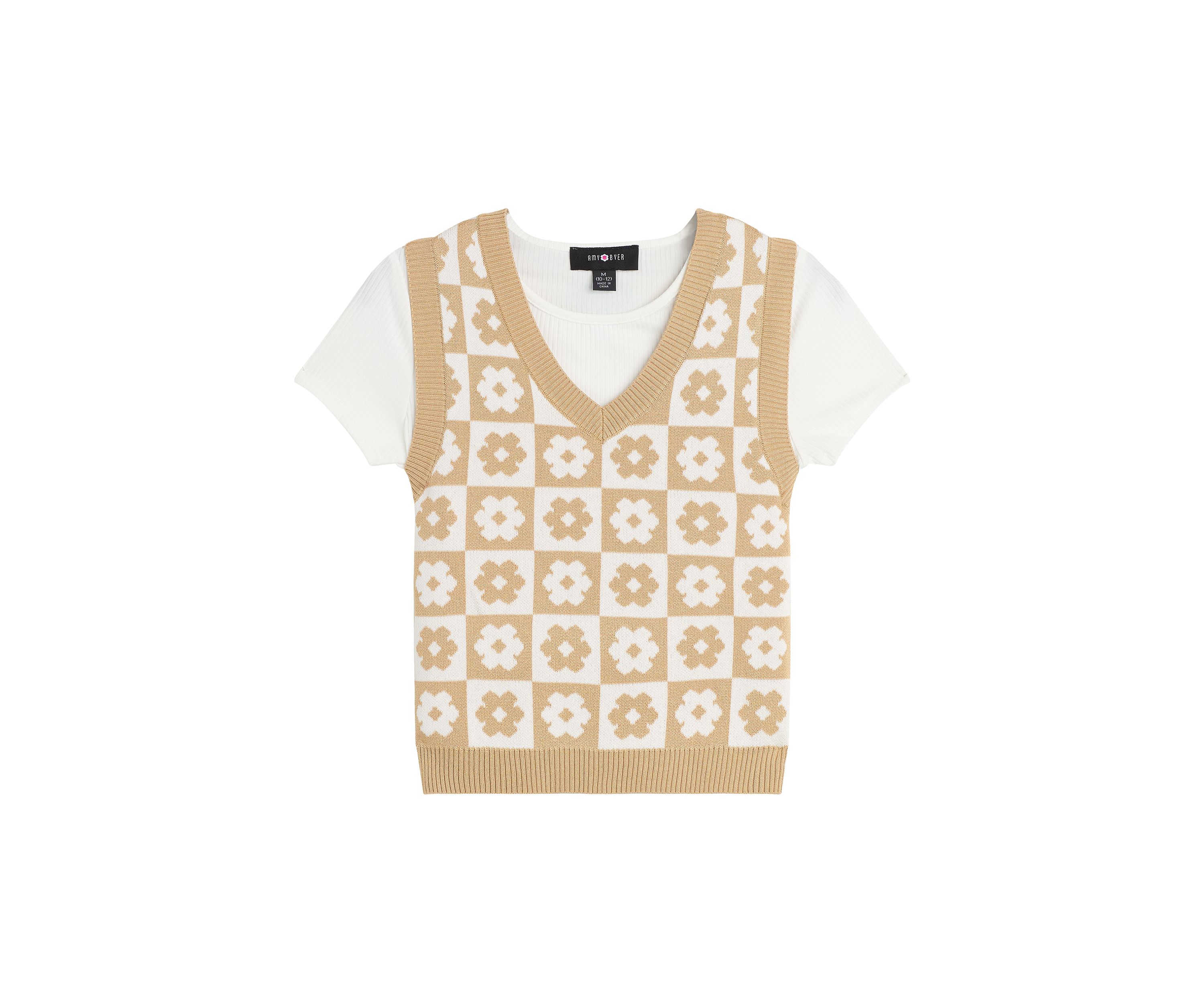 Girls 7-16 Daisy Checkerboard Printed Cable Knit Vest and T-Shirt Set