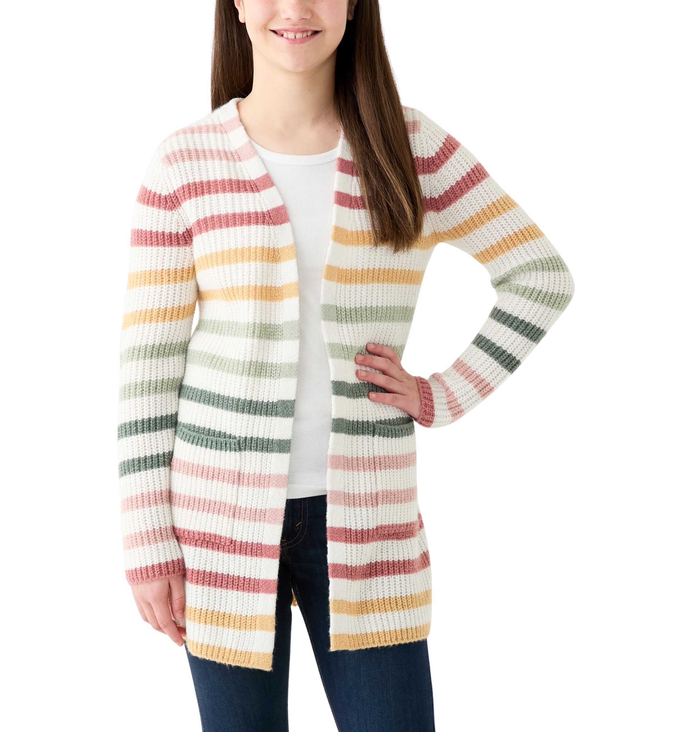 Girls 7-16 Duster Thin Striped Color Block Cardigan