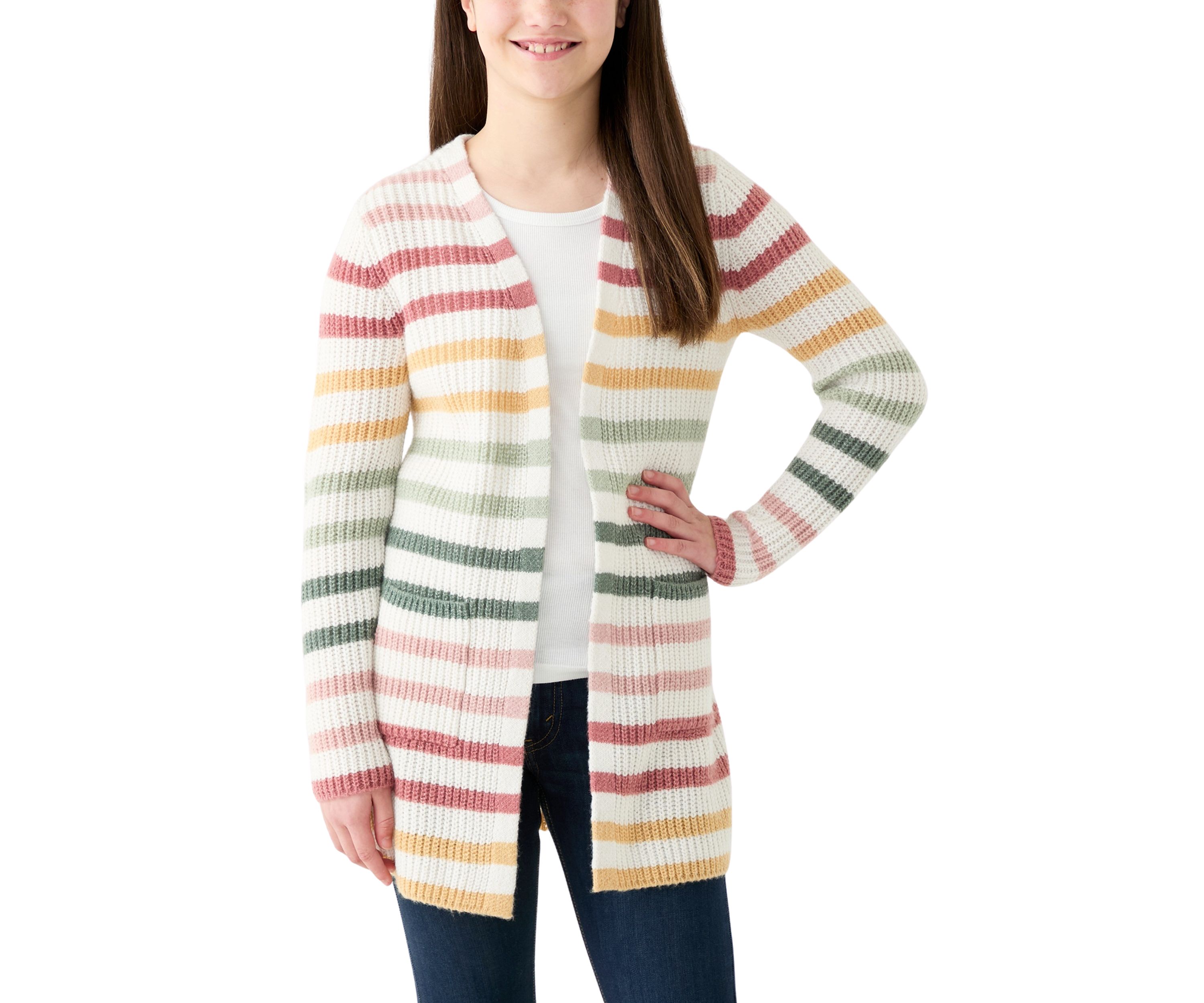 Girls 7-16 Duster Thin Striped Color Block Cardigan