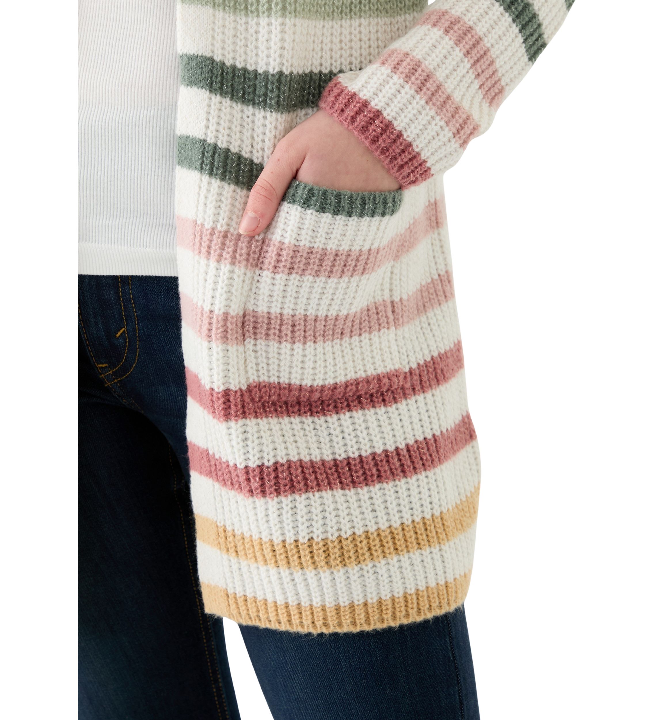 Girls 7-16 Duster Thin Striped Color Block Cardigan