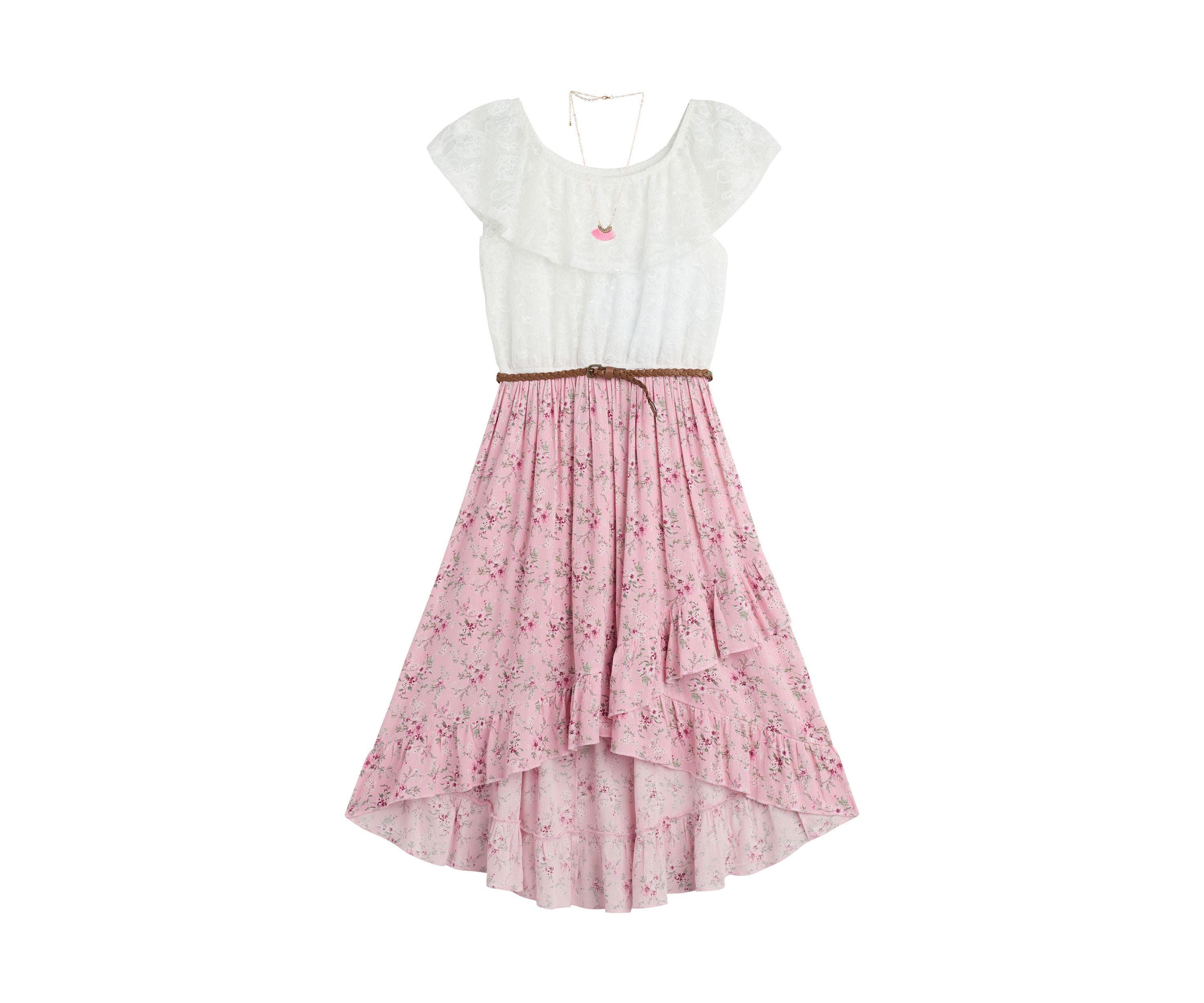 Girls 7-16 Lace to Print High-Low Dress with Necklace