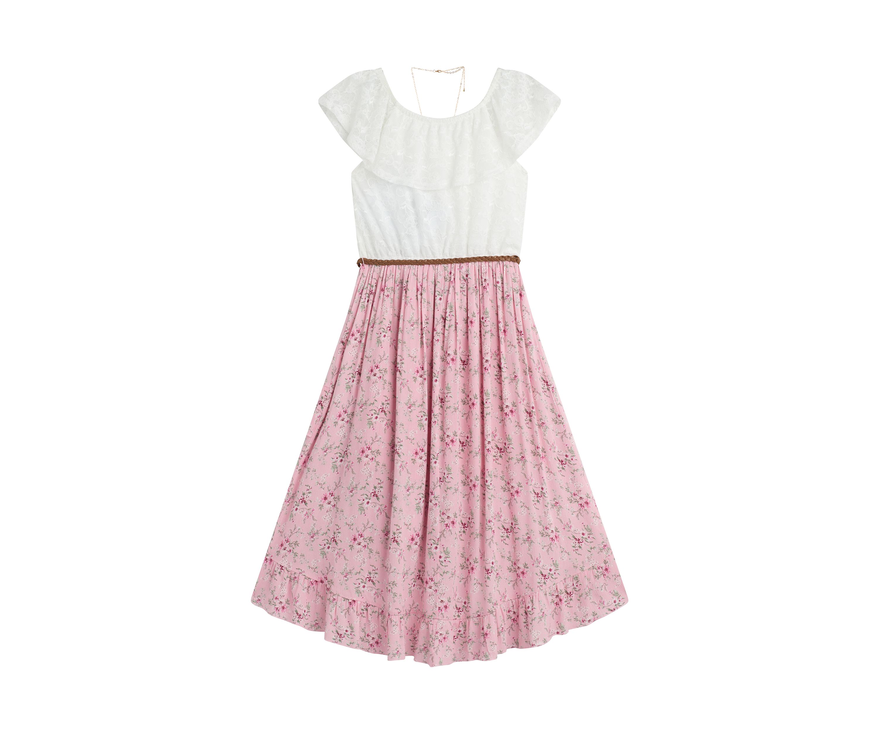 Girls 7-16 Lace to Print High-Low Dress with Necklace