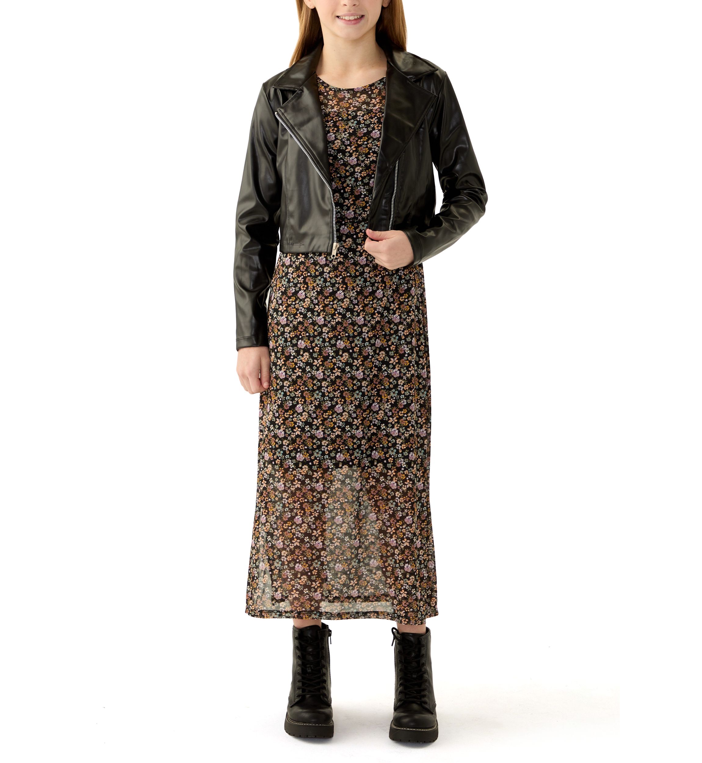 Girls 7-16 Printed Midi Dress with Leather Jacket