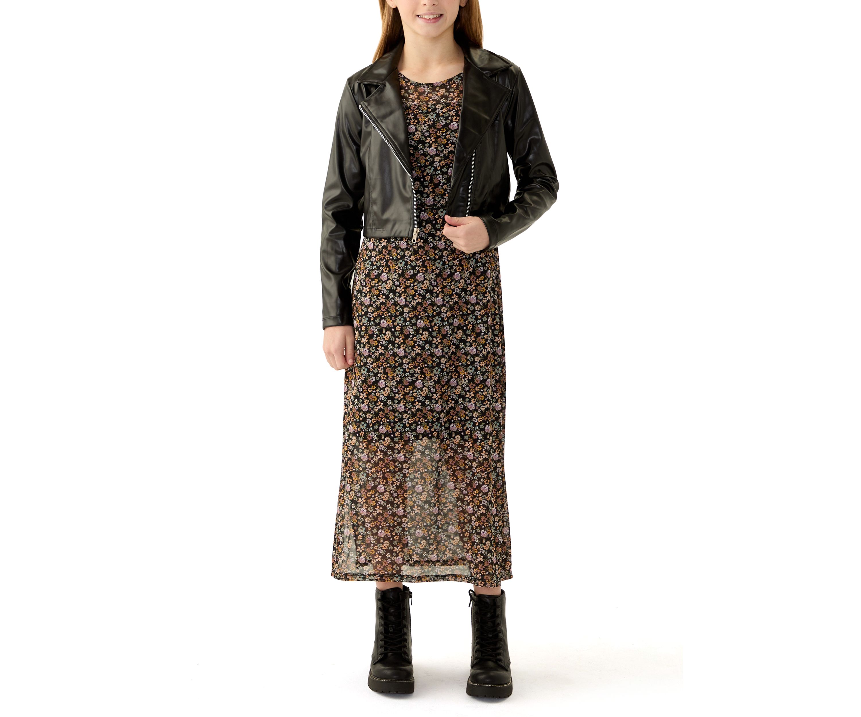 Girls 7-16 Printed Midi Dress with Leather Jacket
