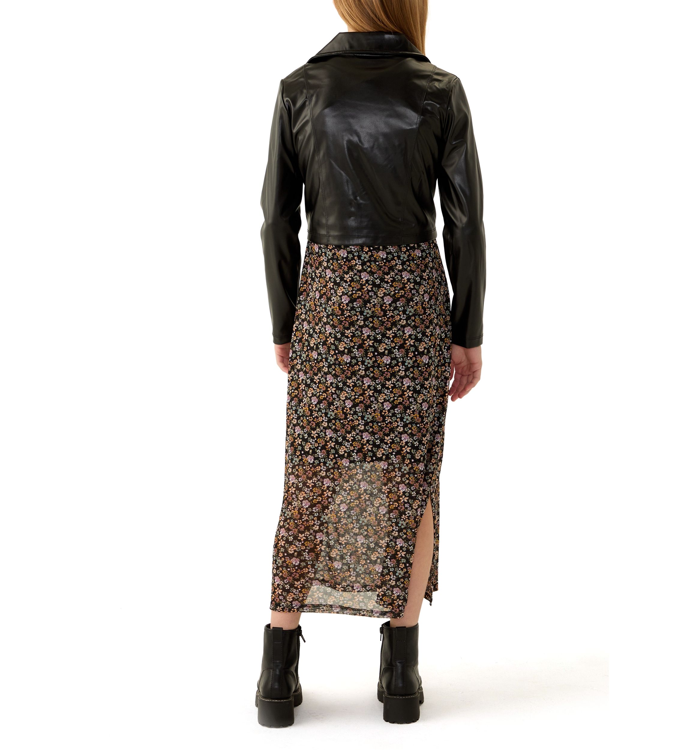 Girls 7-16 Printed Midi Dress with Leather Jacket