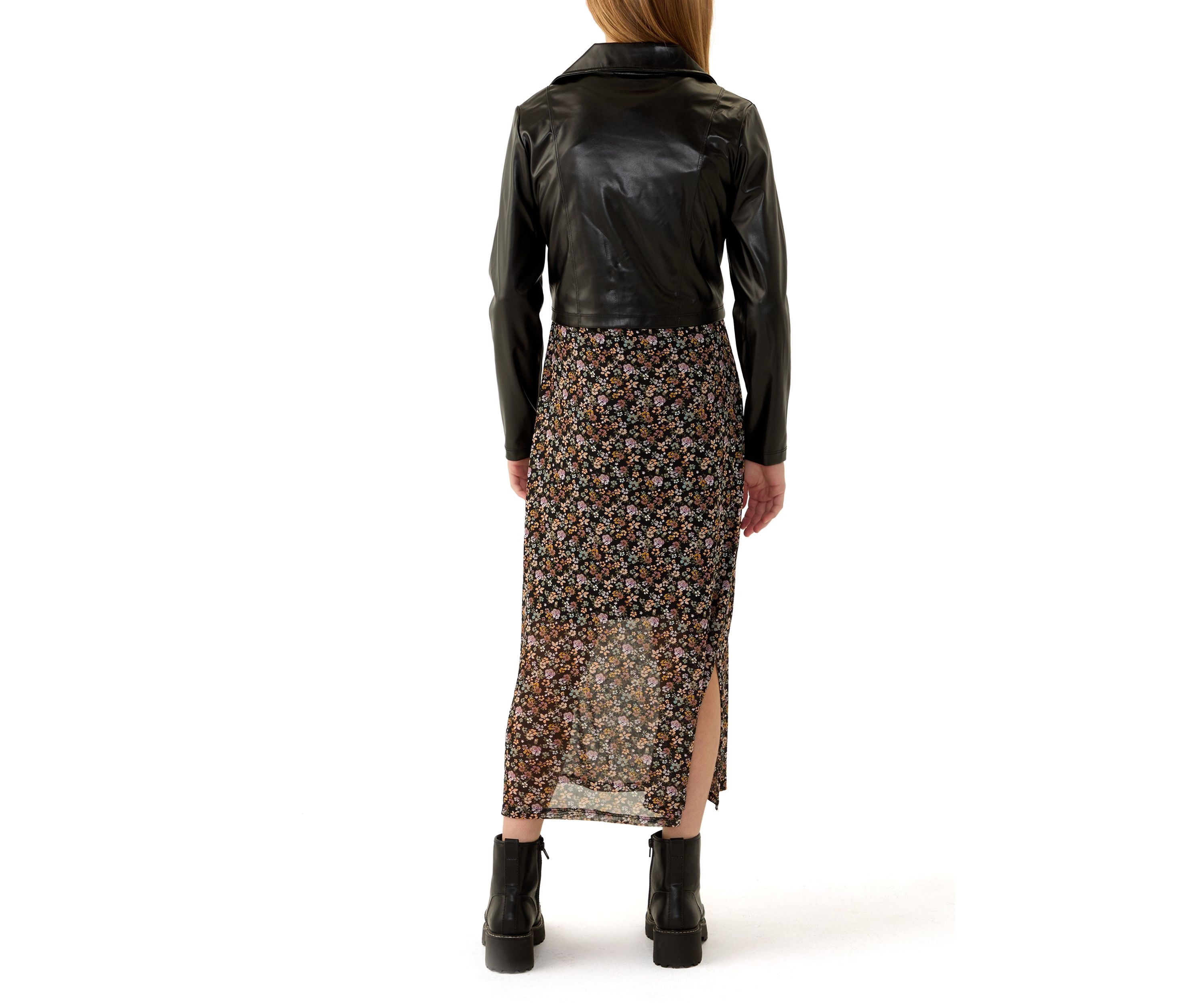 Girls 7-16 Printed Midi Dress with Leather Jacket