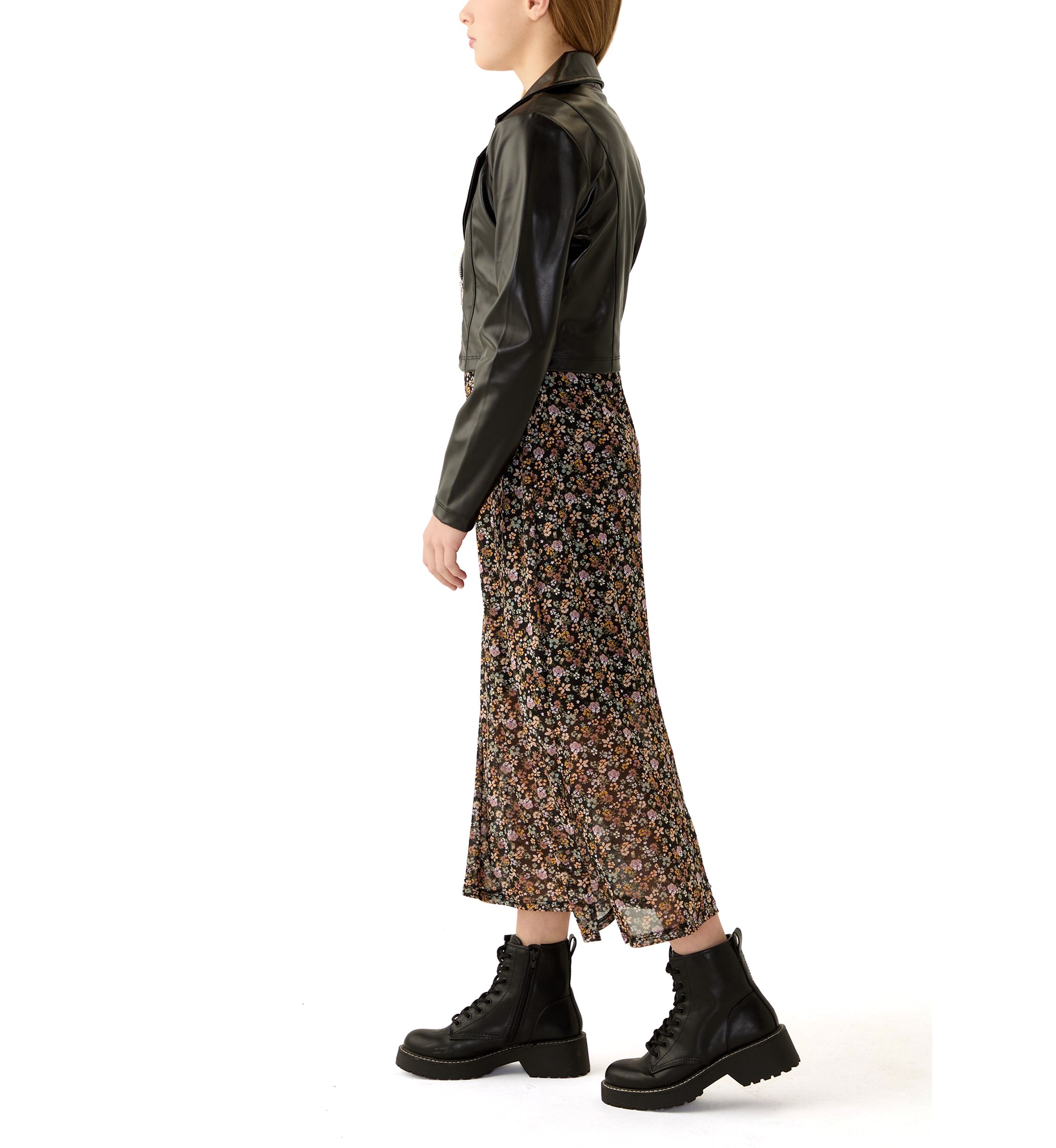 Girls 7-16 Printed Midi Dress with Leather Jacket