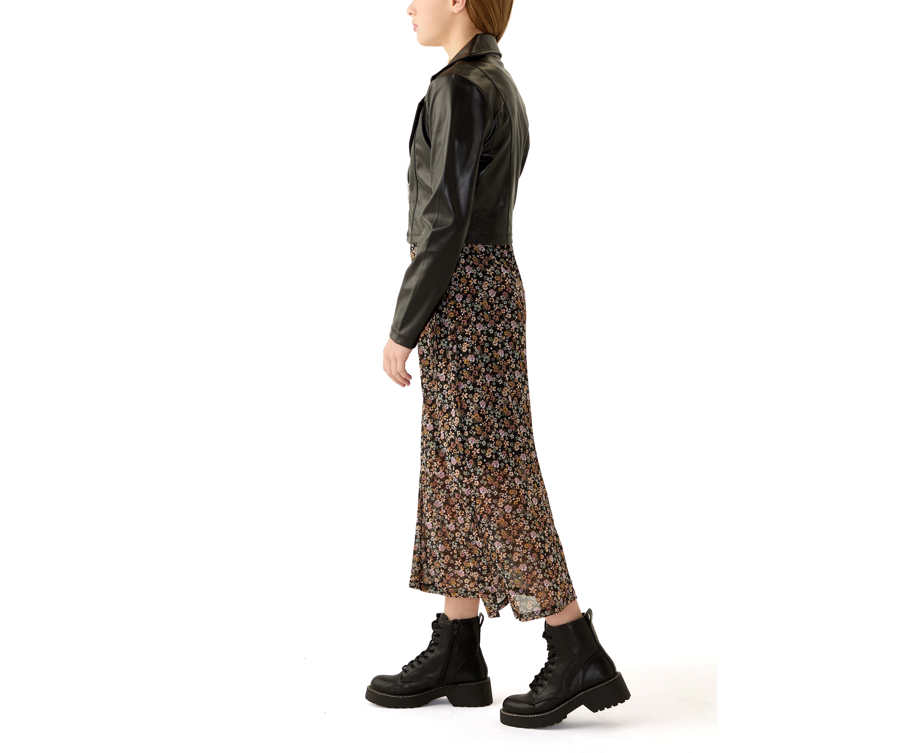 Girls 7-16 Printed Midi Dress with Leather Jacket