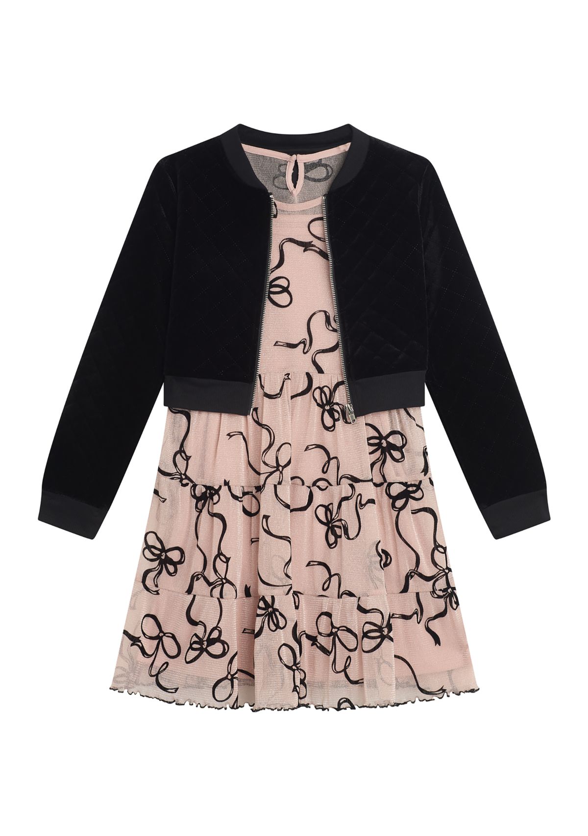 Girls 7-16 Tiered Printed Mesh Dress with Velvet Cardigan