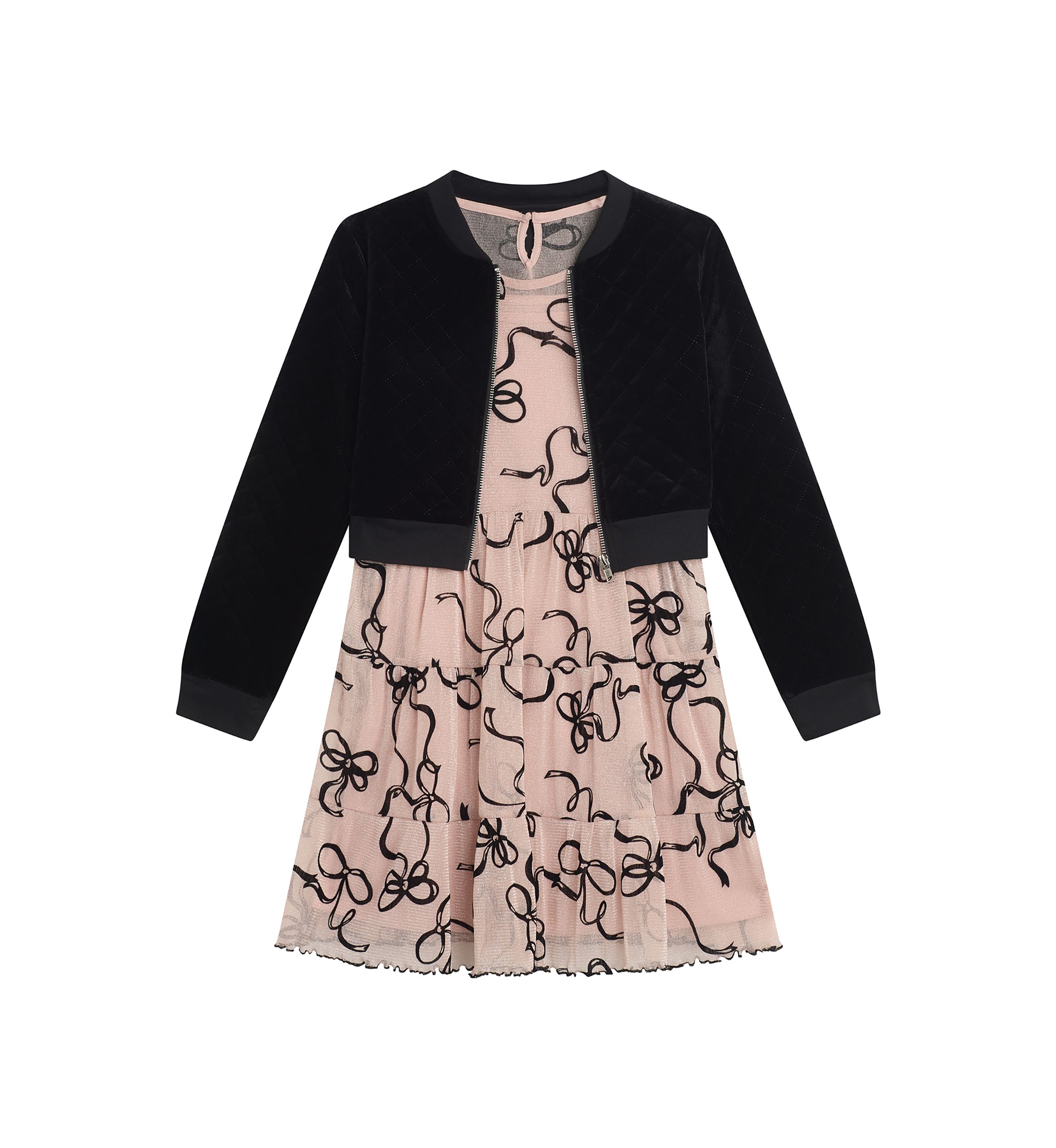 Girls 7-16 Tiered Printed Mesh Dress with Velvet Cardigan