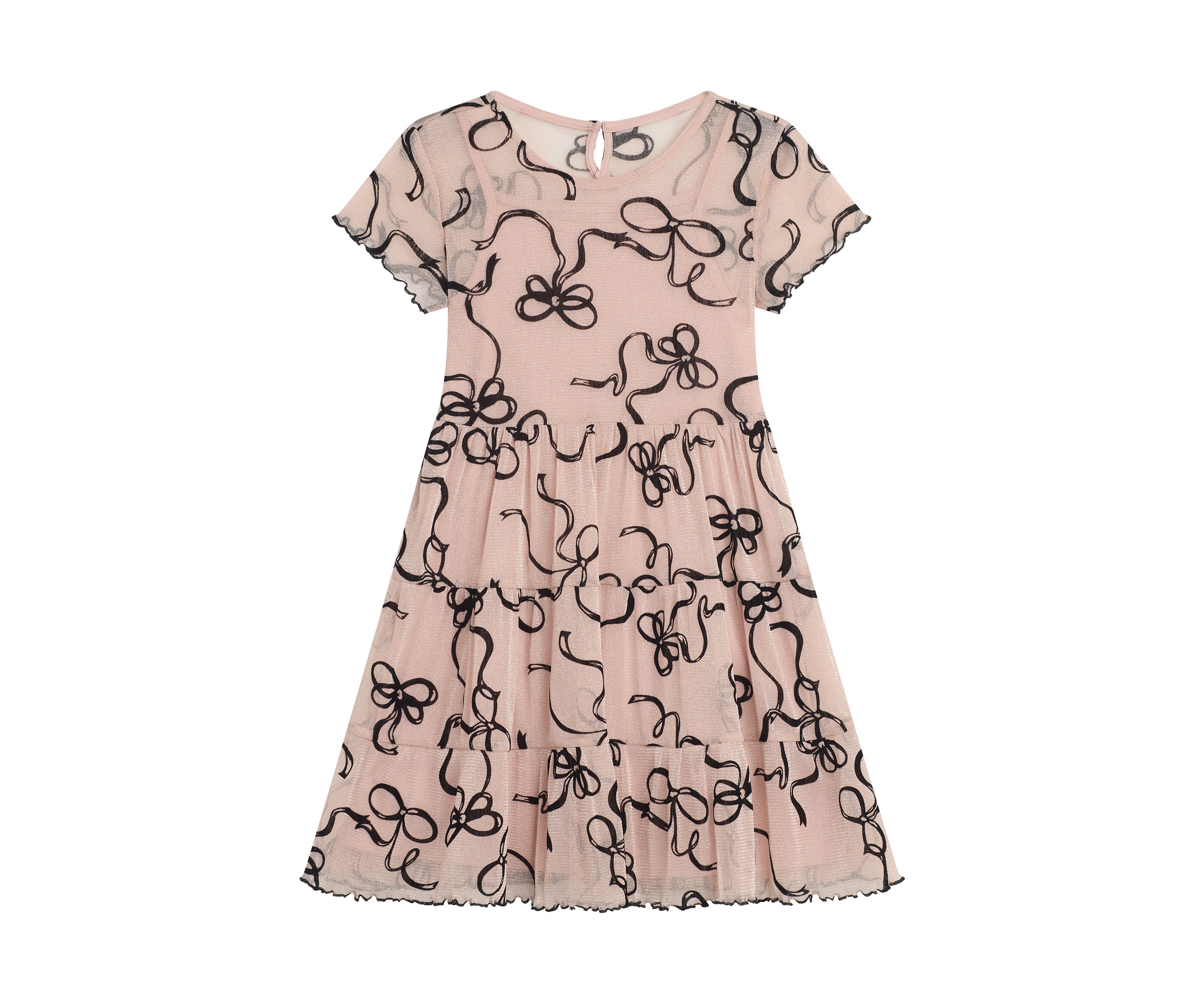 Girls 7-16 Tiered Printed Mesh Dress with Velvet Cardigan