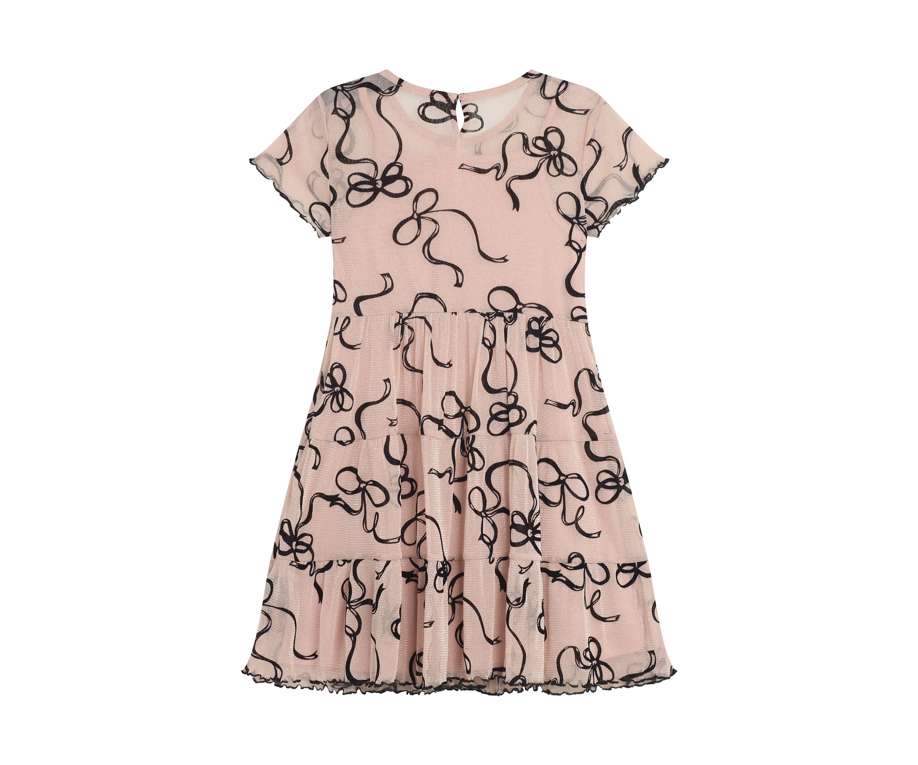 Girls 7-16 Tiered Printed Mesh Dress with Velvet Cardigan