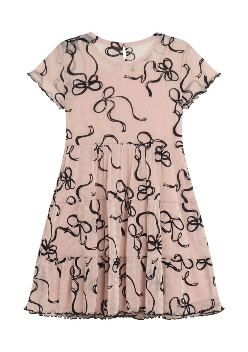 Girls 7-16 Tiered Printed Mesh Dress with Velvet Cardigan