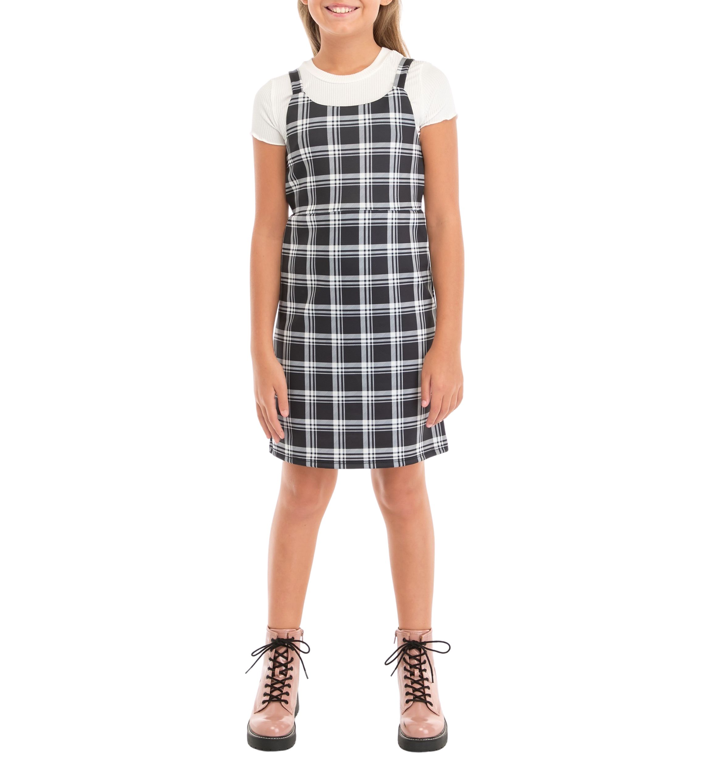Girls 7-16 Plaid Printed Jumper Dress Set