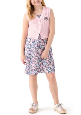 Amy Byer Girls 7-16 Sweater Vest Printed Dress Set, Pink, 14
