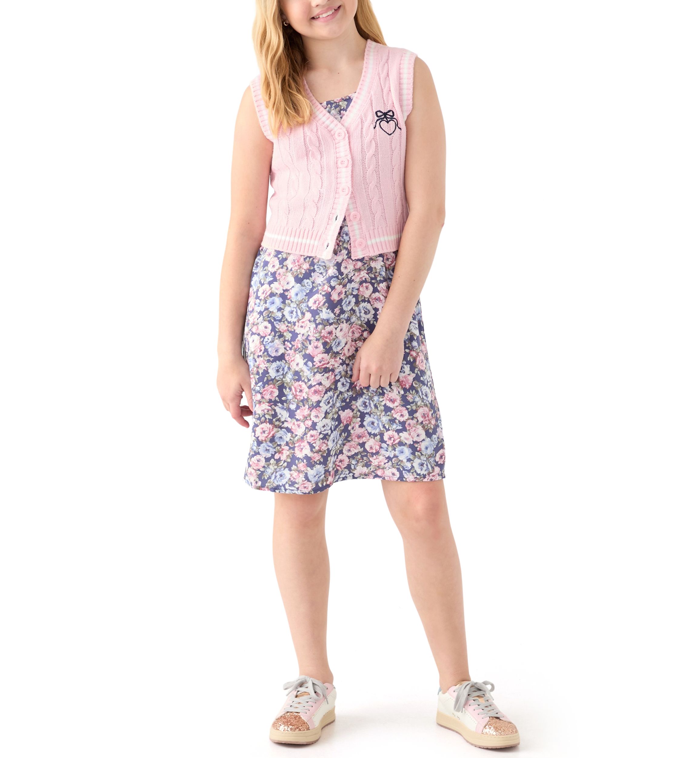 Girls 7-16 Sweater Vest Printed Dress Set