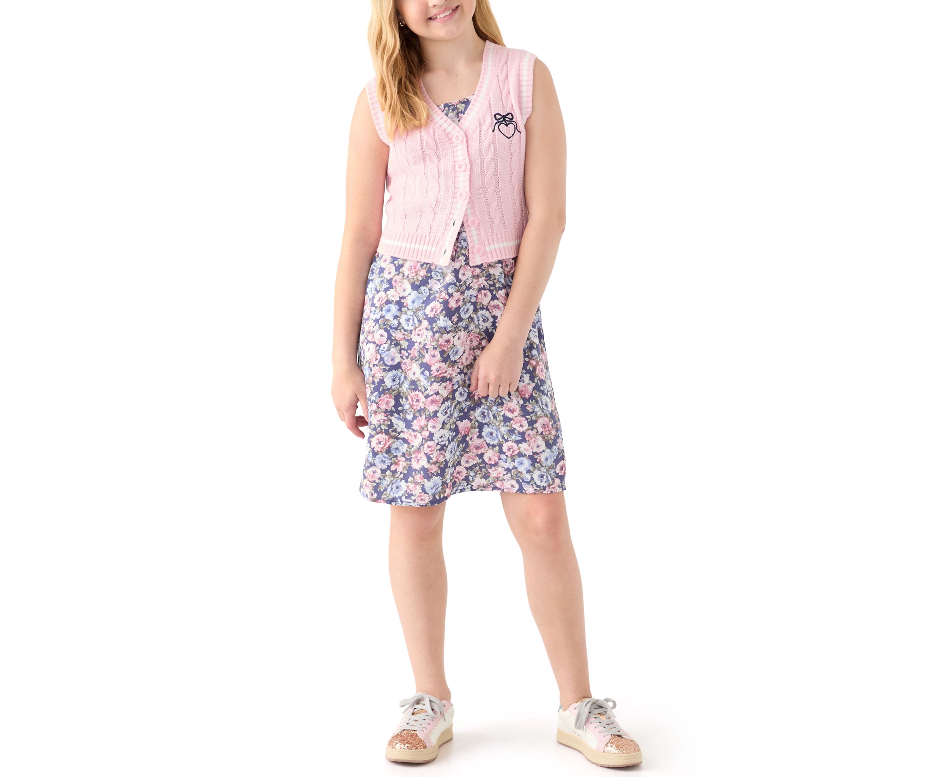 Girls 7-16 Sweater Vest Printed Dress Set