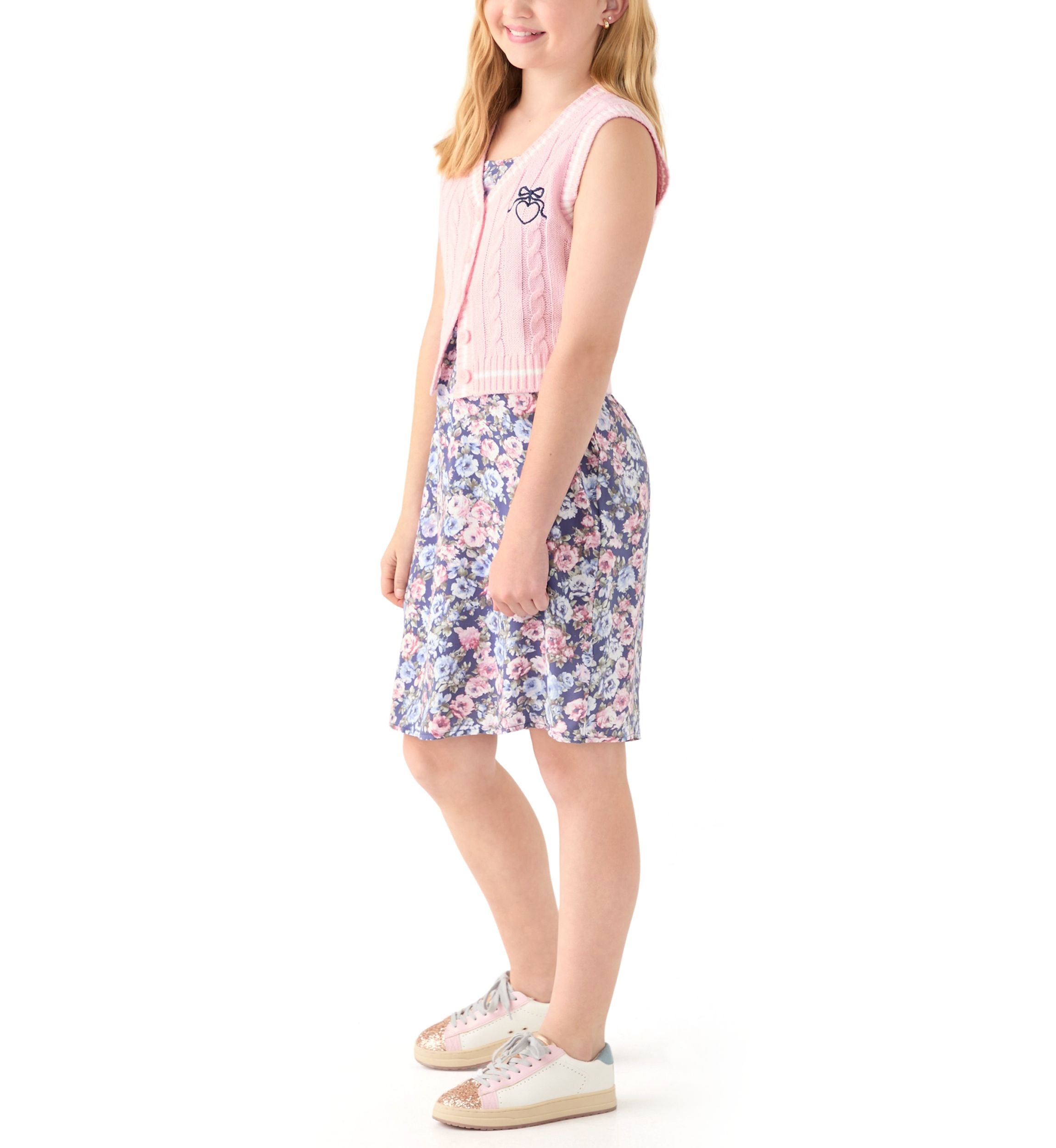 Girls 7-16 Sweater Vest Printed Dress Set
