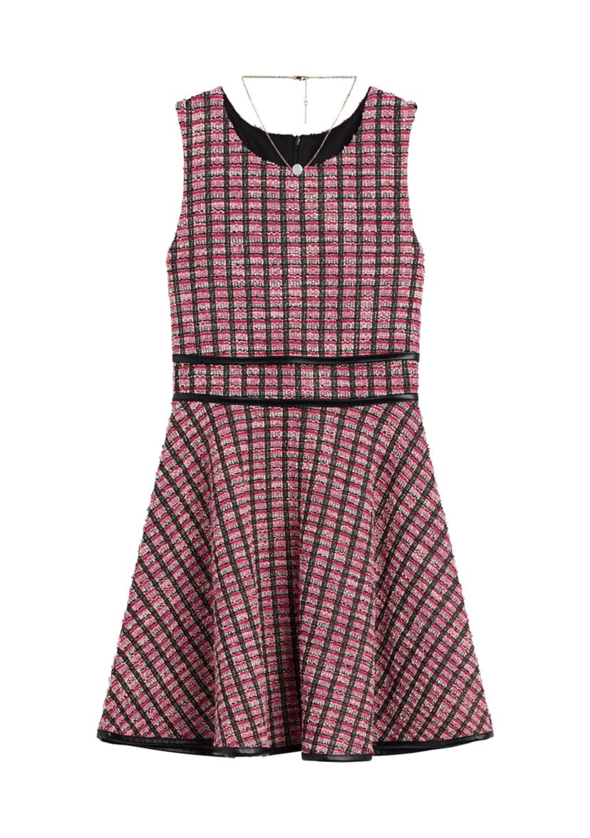 Girls 7-16 Boucle Skater Pleather Trim Dress