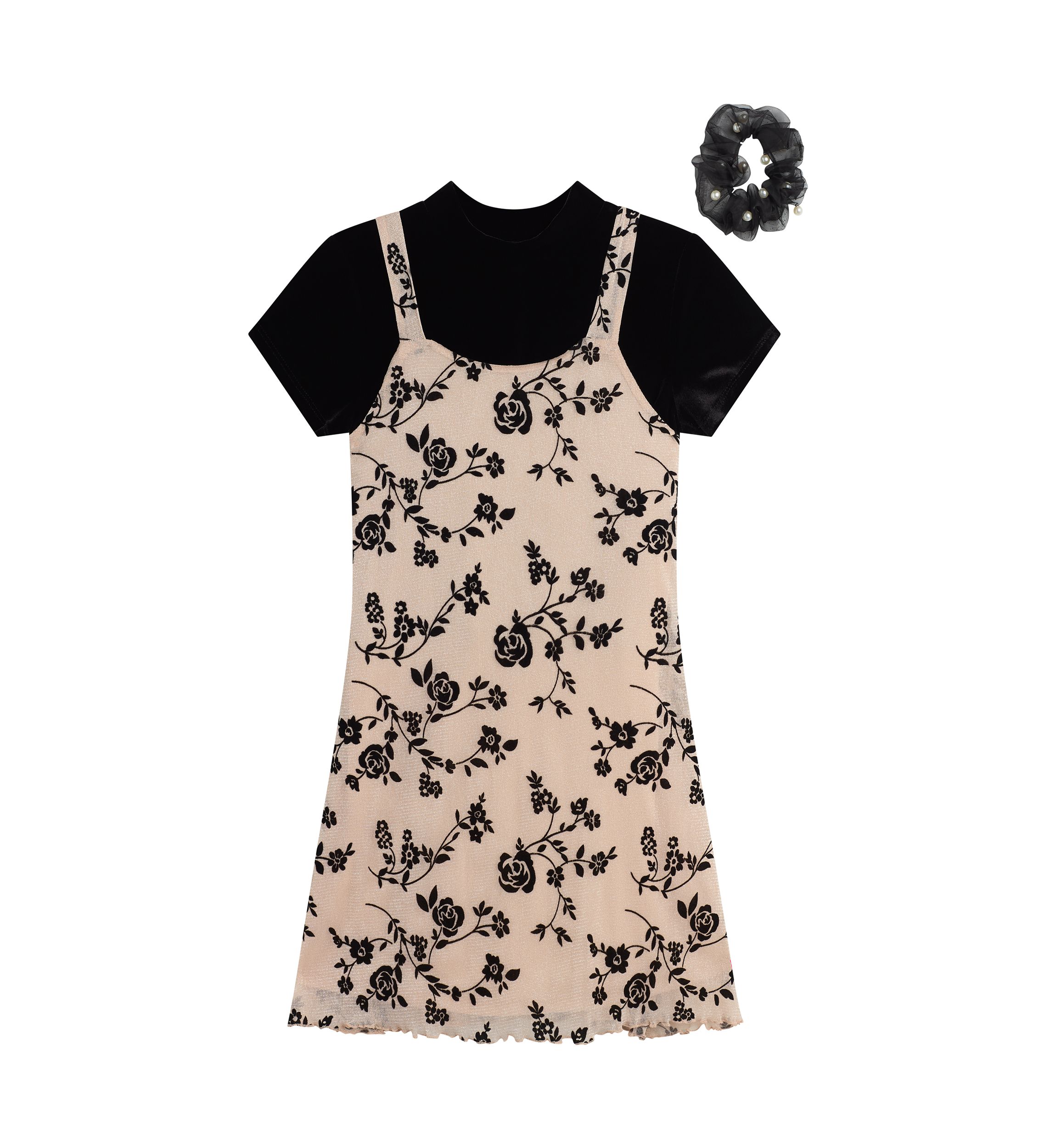 Girls 7-16 Printed Jumper Dress with Scrunchie