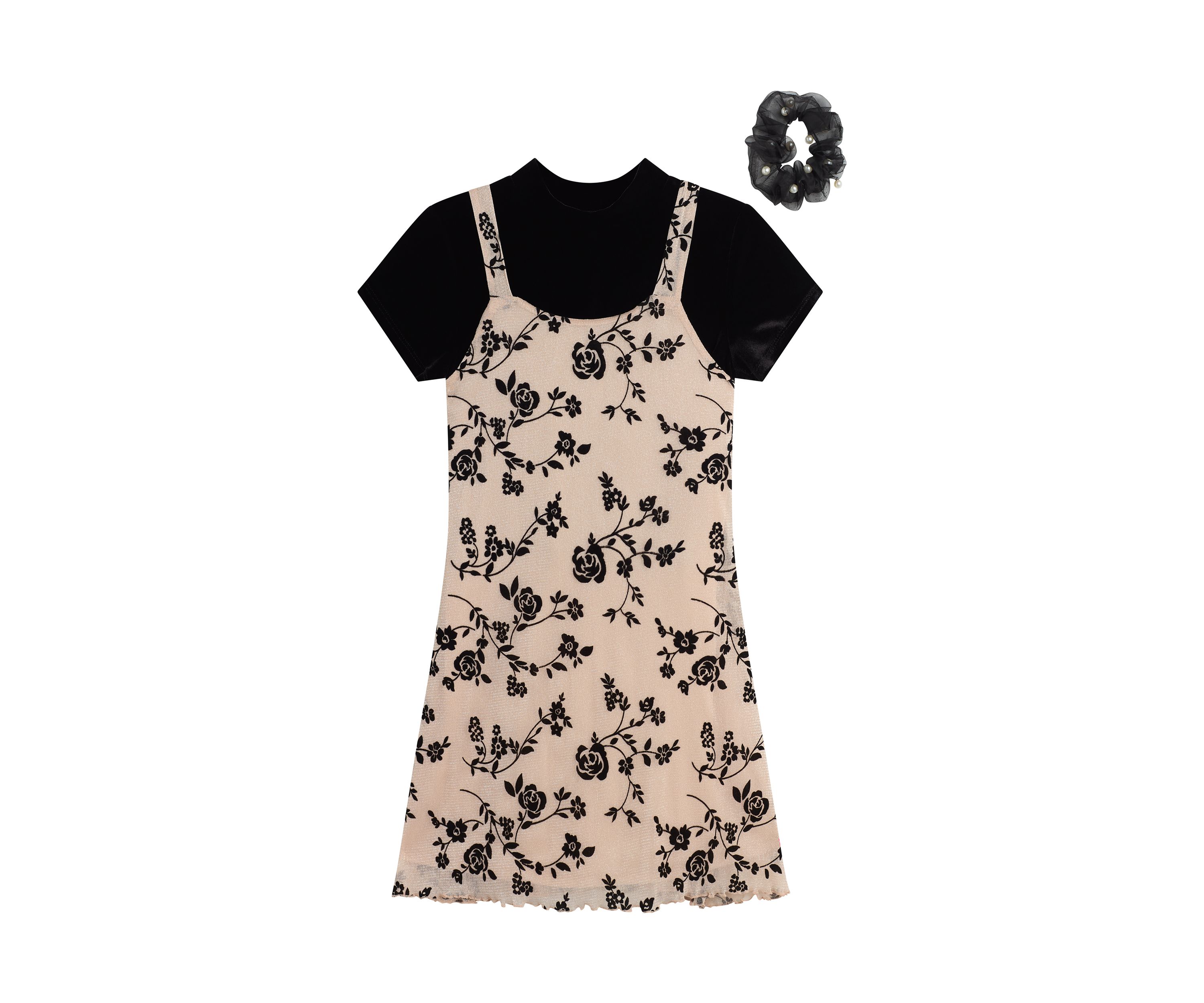 Girls 7-16 Printed Jumper Dress with Scrunchie