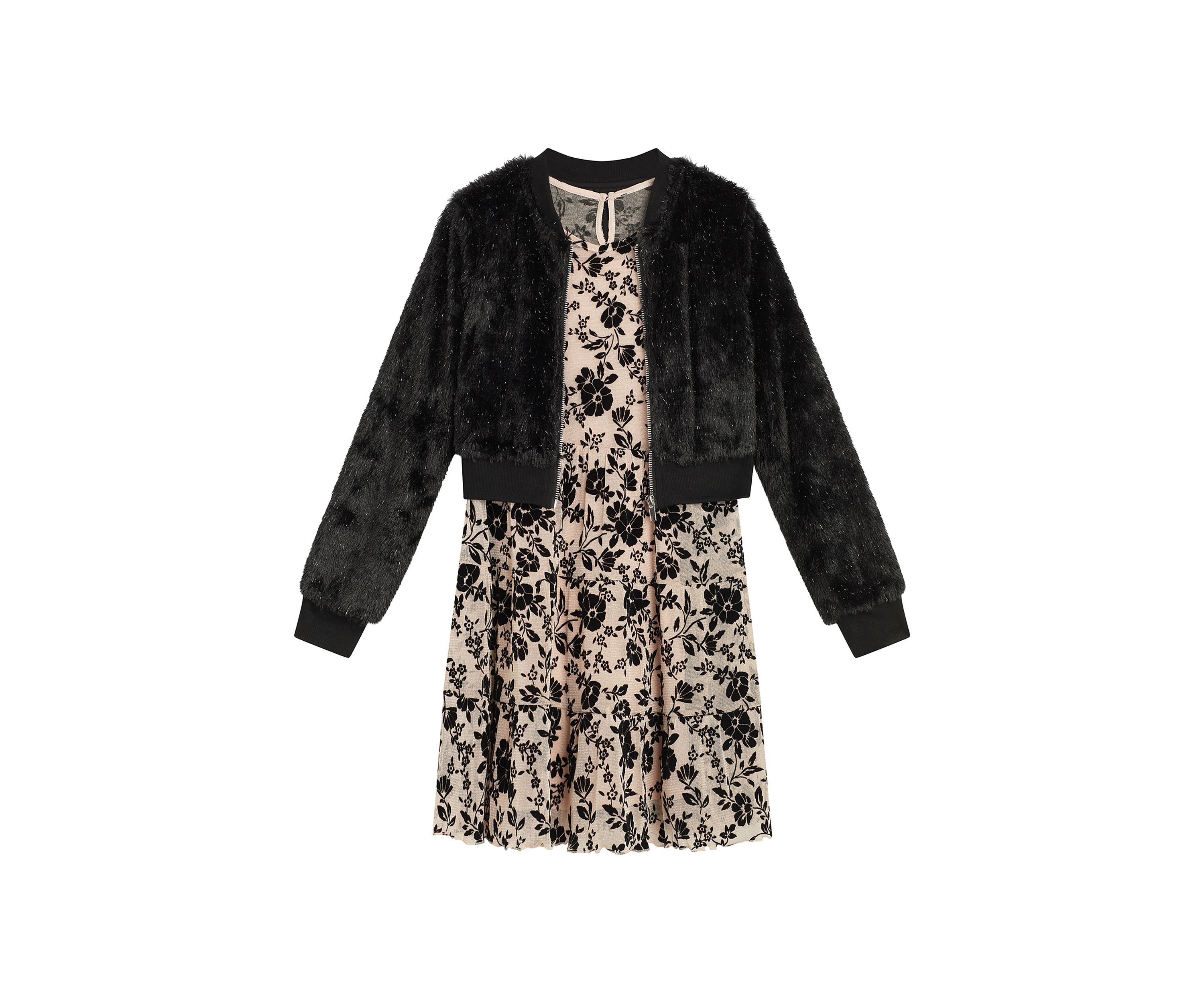 Girls 7-16 Fuzzy Jacket with Flocked Dress