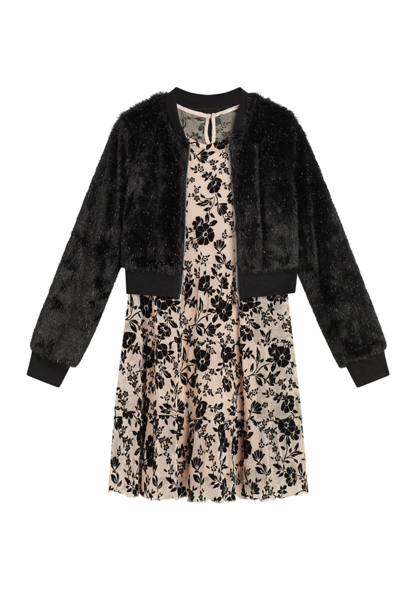 Girls 7-16 Fuzzy Jacket with Flocked Dress