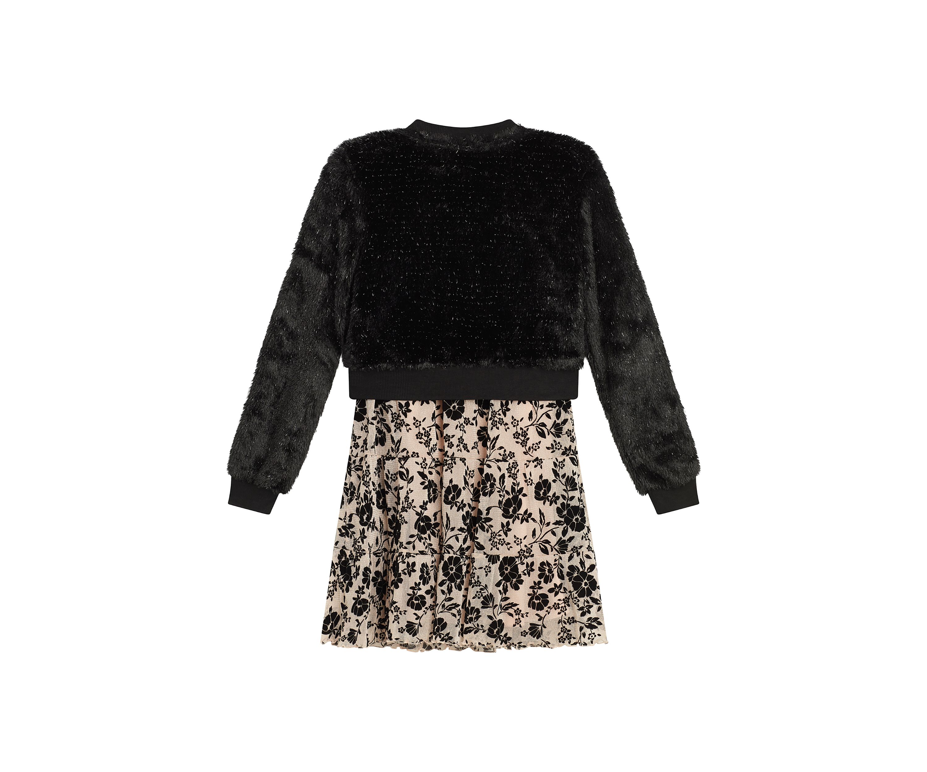 Girls 7-16 Fuzzy Jacket with Flocked Dress
