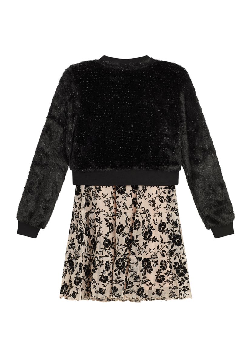 Girls 7-16 Fuzzy Jacket with Flocked Dress
