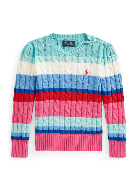 폴로 랄프로렌 키즈 여아용 스트라이프 꽈배기 니트 스웨터 Polo Ralph Lauren Kids Girls 4-6x Striped Cable Knit Cotton Sweater,MULTI
