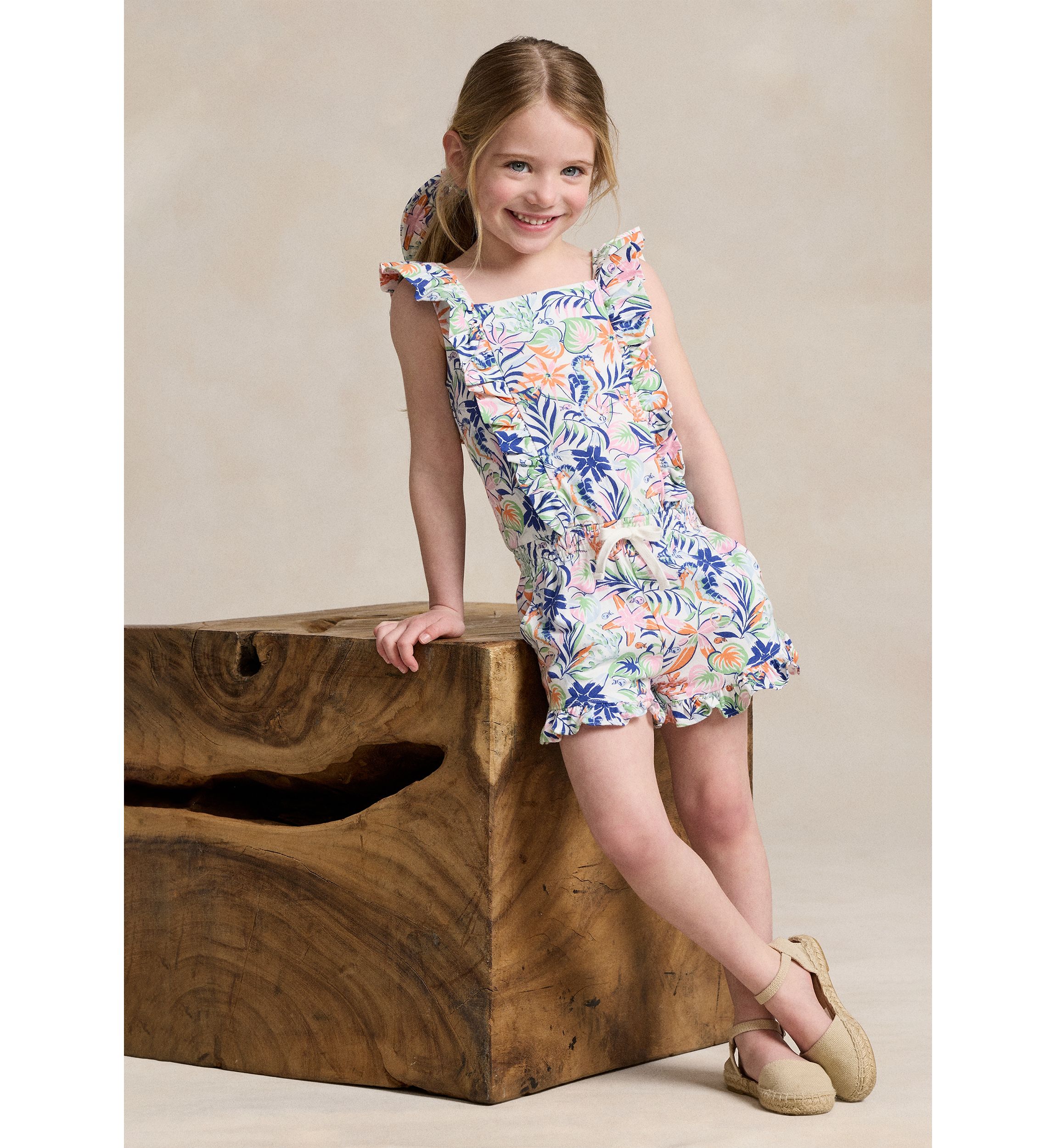 Girls 2-6x Tropical Printed Ruffled Cotton Romper