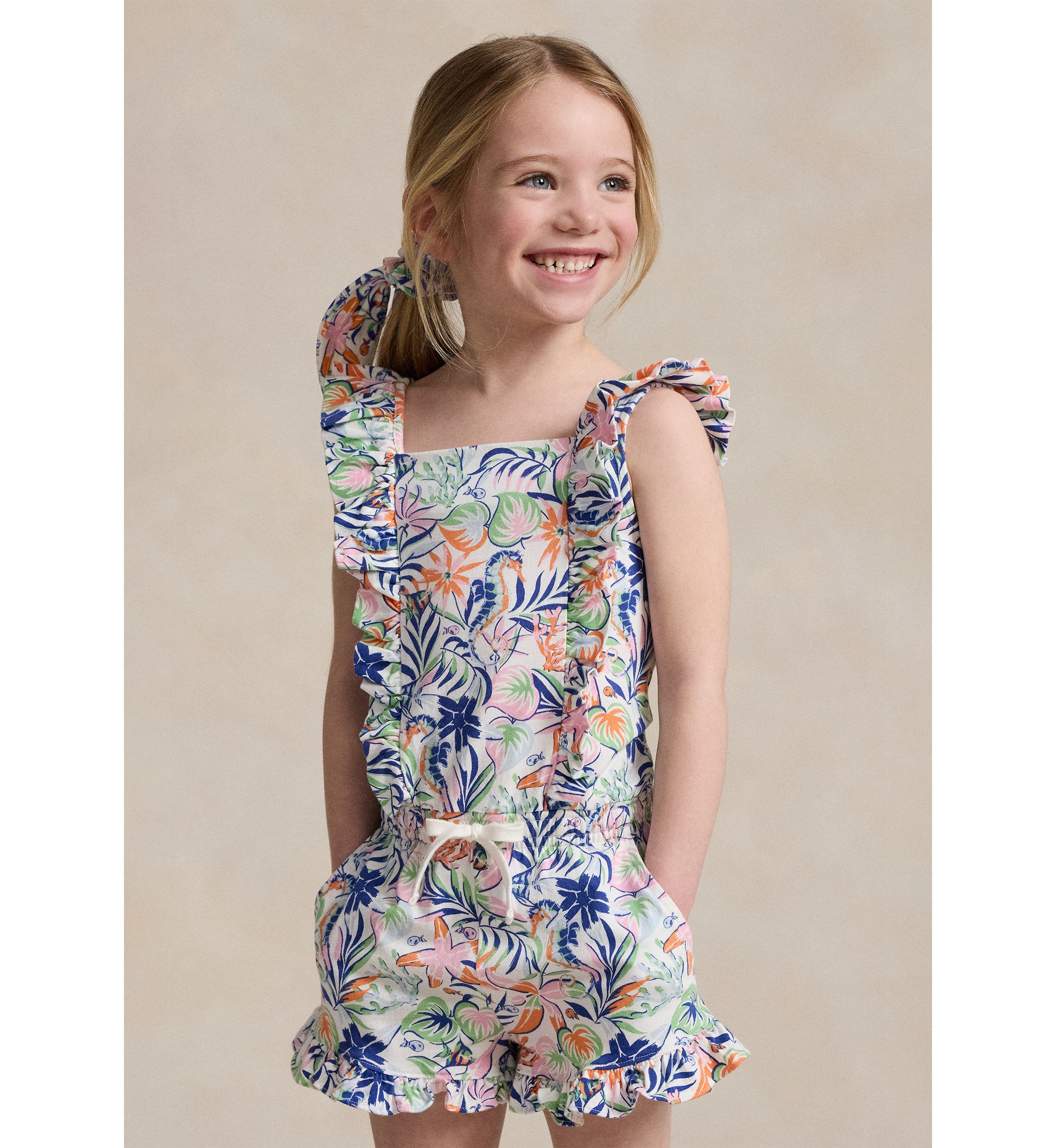 Girls 2-6x Tropical Printed Ruffled Cotton Romper